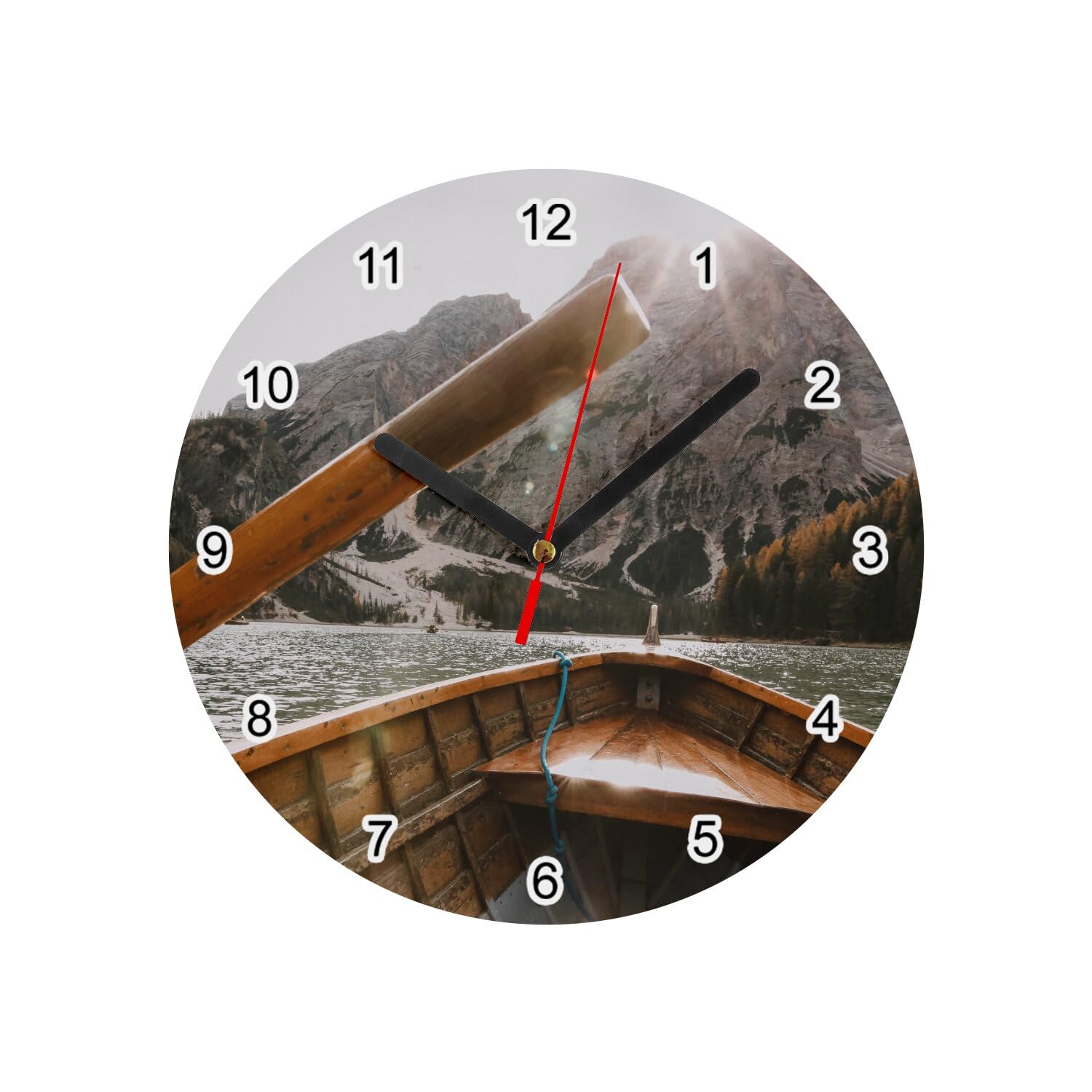 Horloge murale en verre design épuré paysage de montagne et barque en bois finition blanche