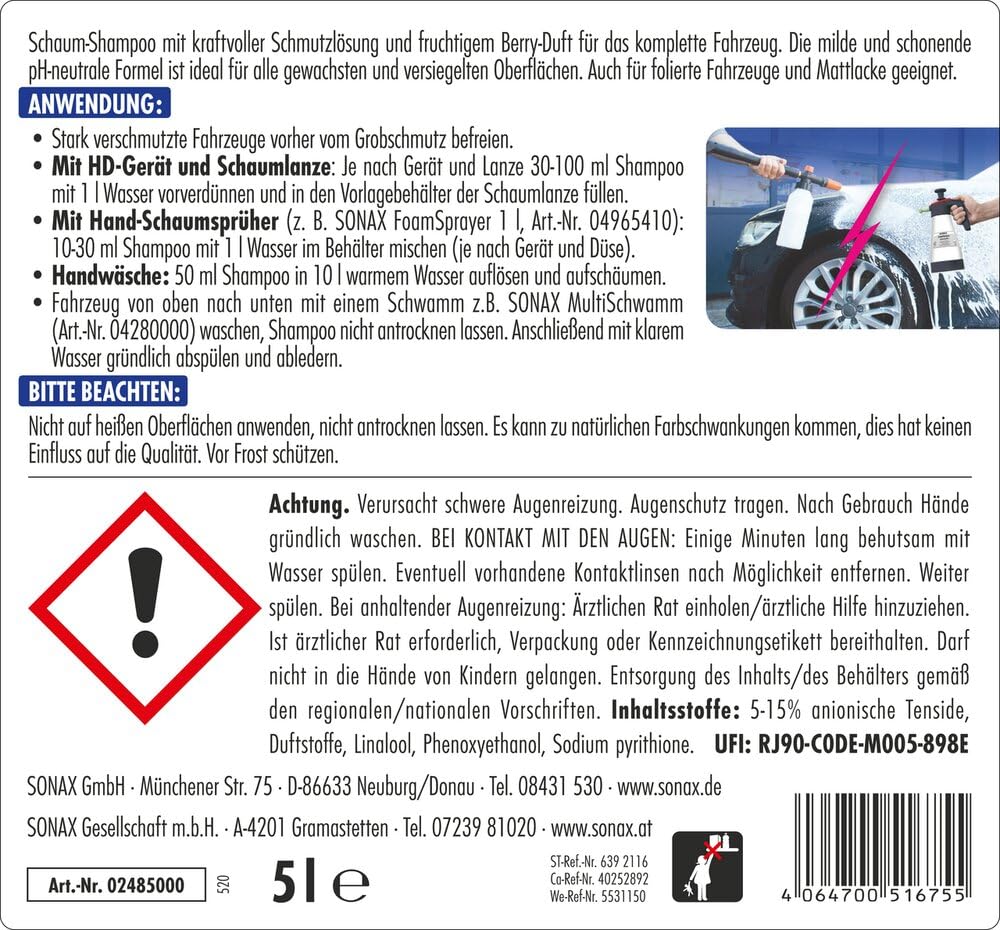 SONAX XTREME RichFoam Shampoo (5 Liter) mit kraftvoller Schmutzlösung und fruchtigem Berry-Duft für das komplette Fahrzeug | Art-Nr. 02485000