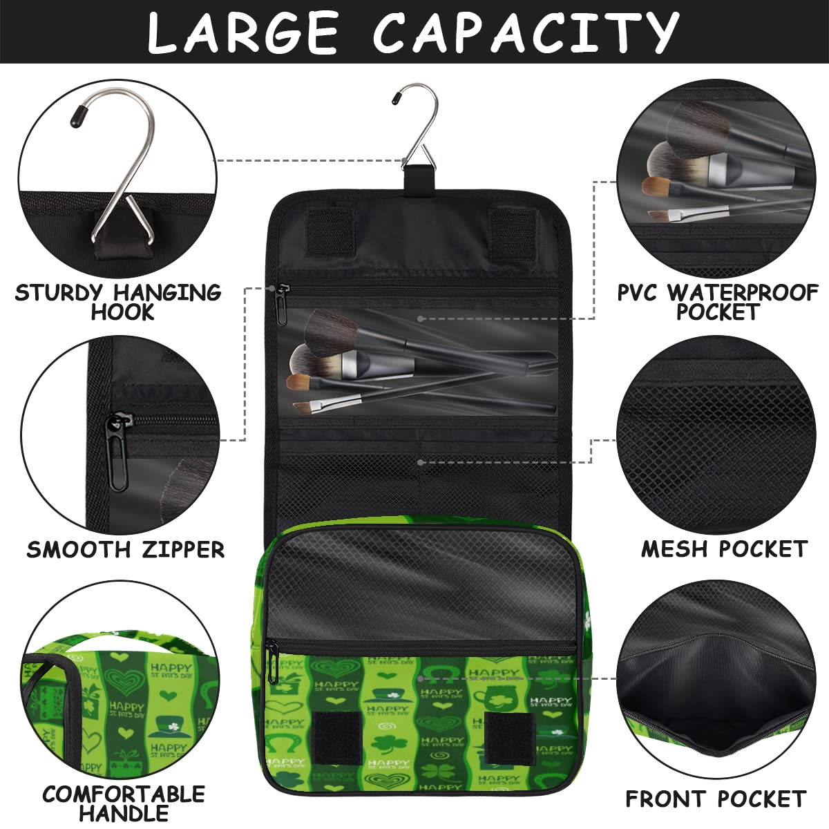 Happy St. Patrick's Day - Neceser de viaje con tréboles felices, bolsa de lavado unisex para colgar artículos de tocador cosméticos, multicolor, Talla única