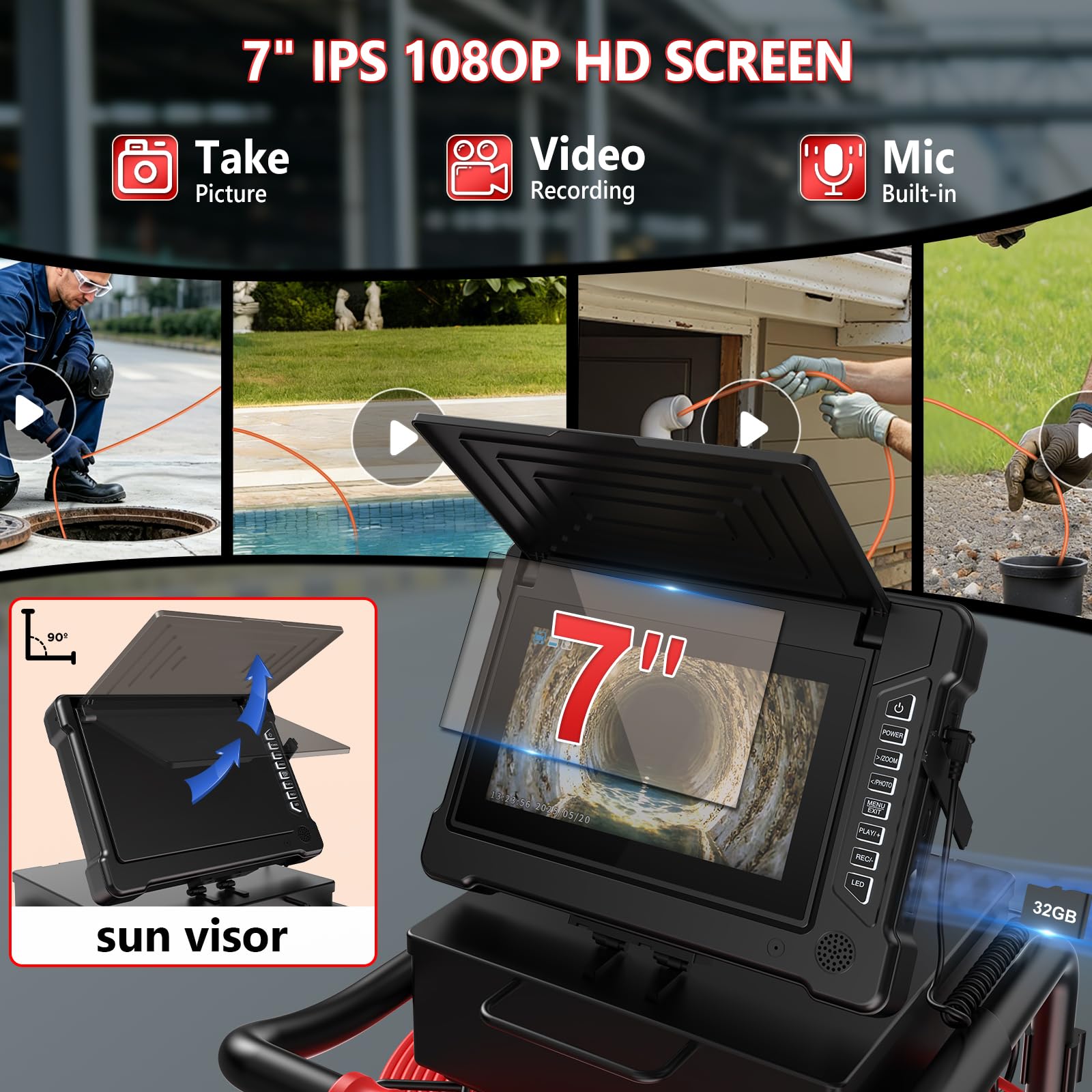 Cámara de alcantarillado de 100 pies/30 m, pantalla IPS de 7 pulgadas, cámara endoscópica industrial, función DVR autonivelante con marcador de medidor, tarjeta de 32 GB para tuberías de drenaje