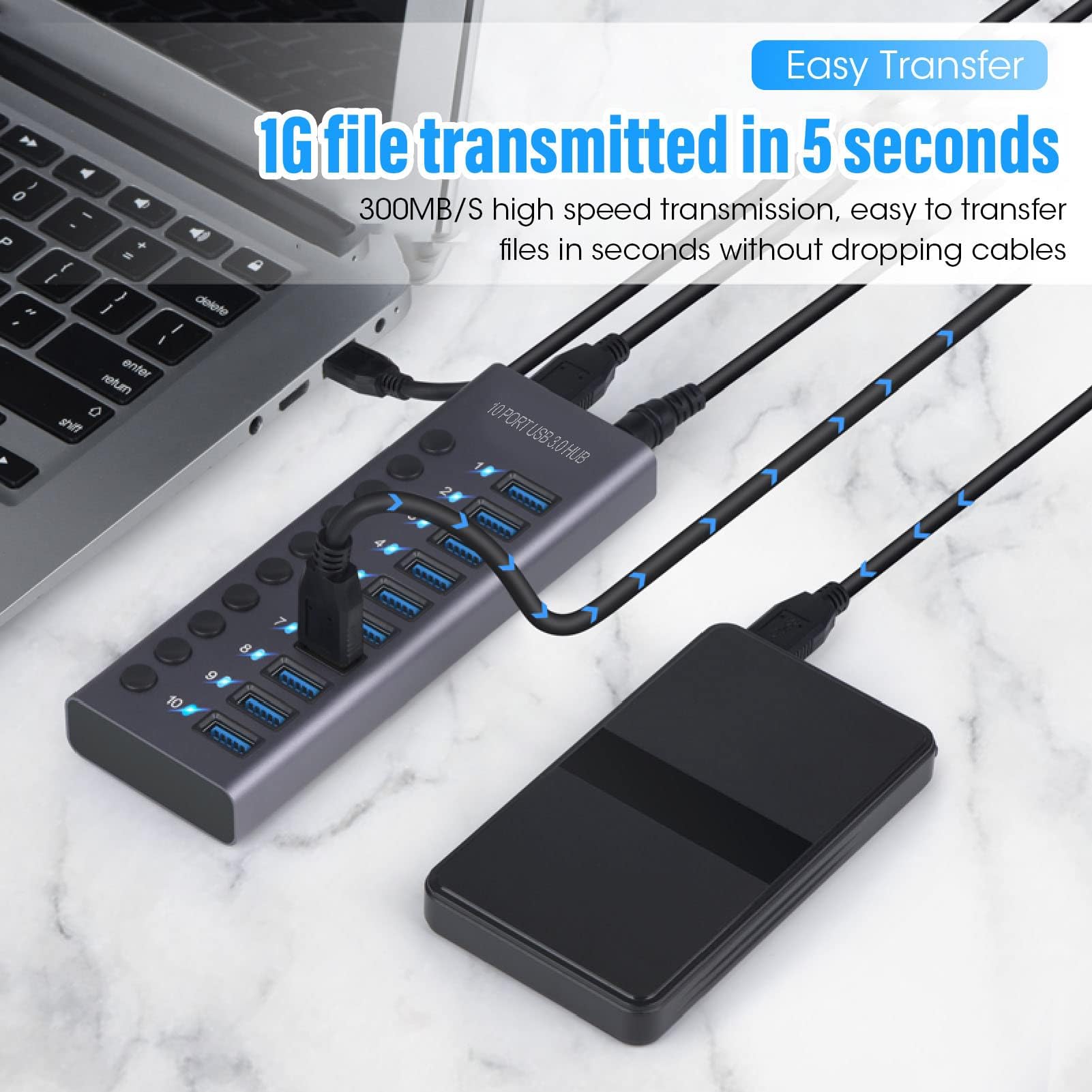 Ejoyous Hub USB 3.0 con Alimentatore, Hub USB 3.0 a 10 Porte da 60 W con Interruttore On/off e LED per Laptop Pro Air PC (Spina europea)