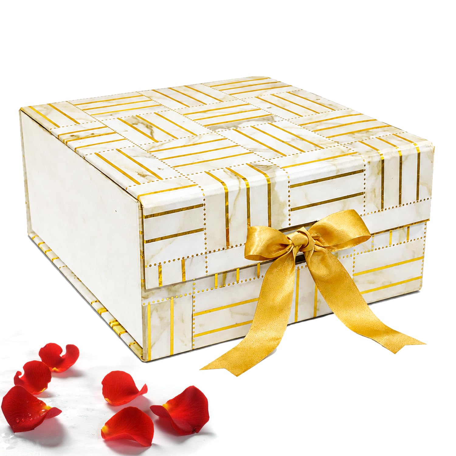Aakriti Marble Gold Foil Gift Box Medium 24x17x10 cm | Empty Hamper Box for Gifts, Chocolates, Jewellery & Wedding Packing with Satin Ribbon White Gold Floral-image-33