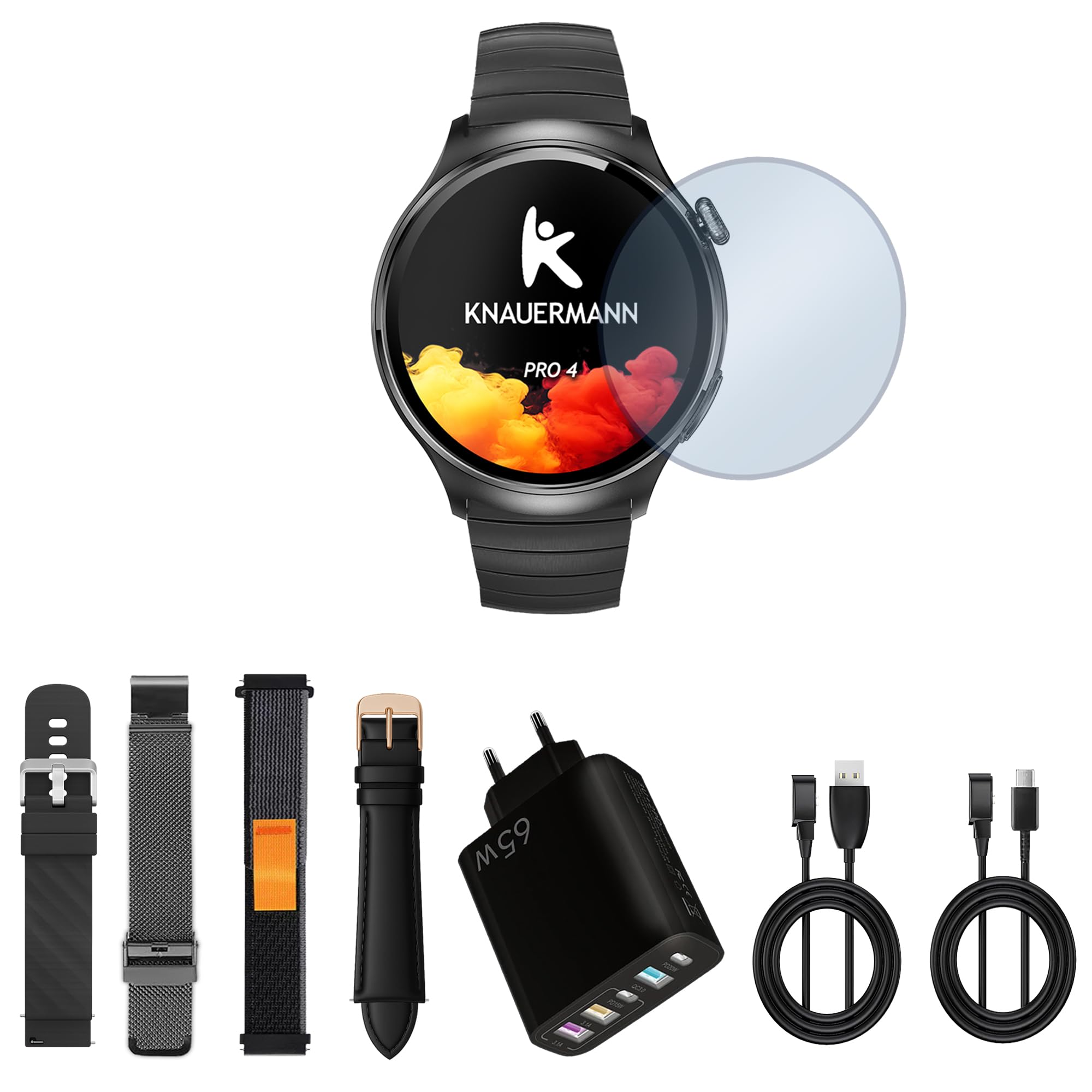 Knauermann PRO 4 EKG-Gesundheitsuhr mit Telefonfunktion – Smartwatch in Schwarz – Puls, Blutdruck, Blutsauerstoff, HRV, Schlafanalyse – Für Damen und Herren – Premium-Set mit 5 Armbändern Schwarz