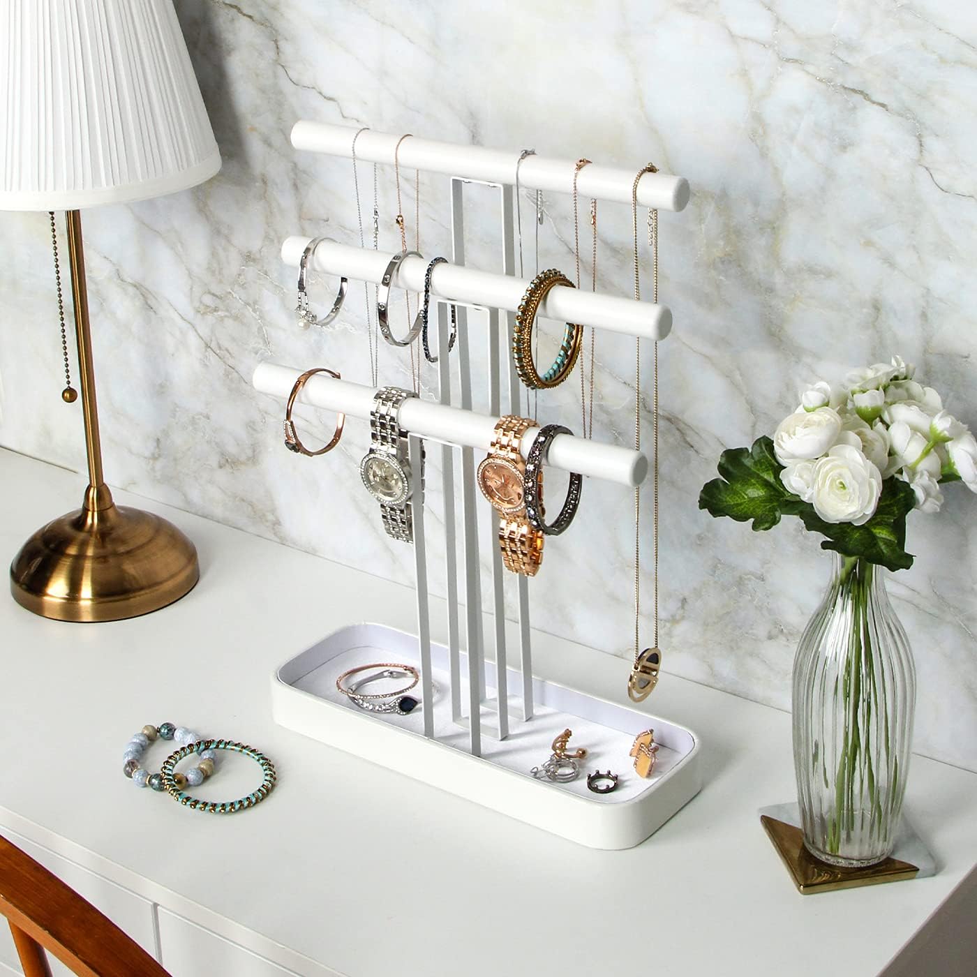 JackCubeDesign Wood 3 Tier Jewelry Display Stand Tree Organizer Bracelet Necklace Holder Rack Hanger Tower with Leather Earring Ring Tray Storage Tabletop(White - Image 3