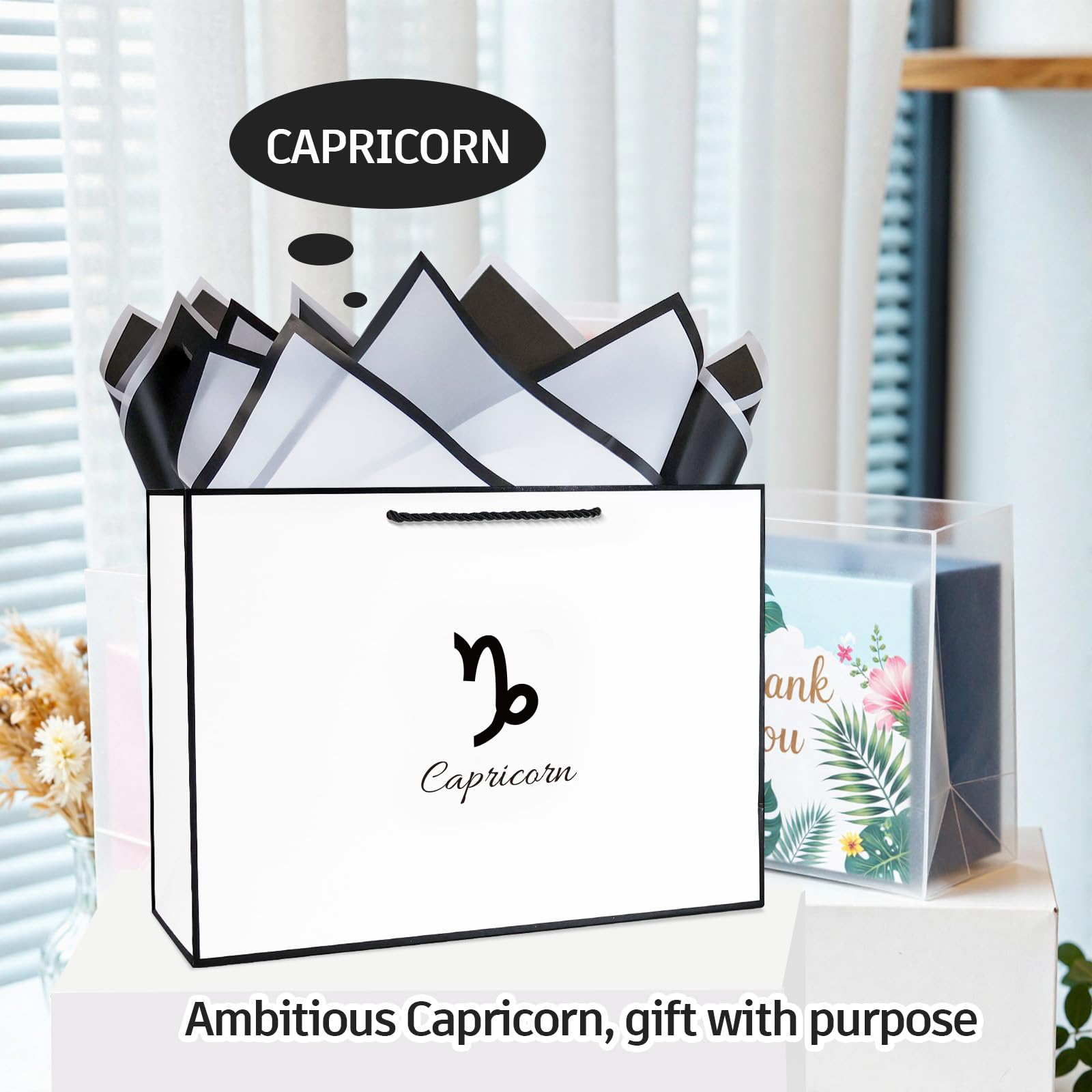 Kecorax Sacchetti regalo con segni zodiacali Capricorno da 34 cm, con biglietti di auguri abbinati, sacchetti regalo con carta velina per compleanni, matrimoni e feste a tema