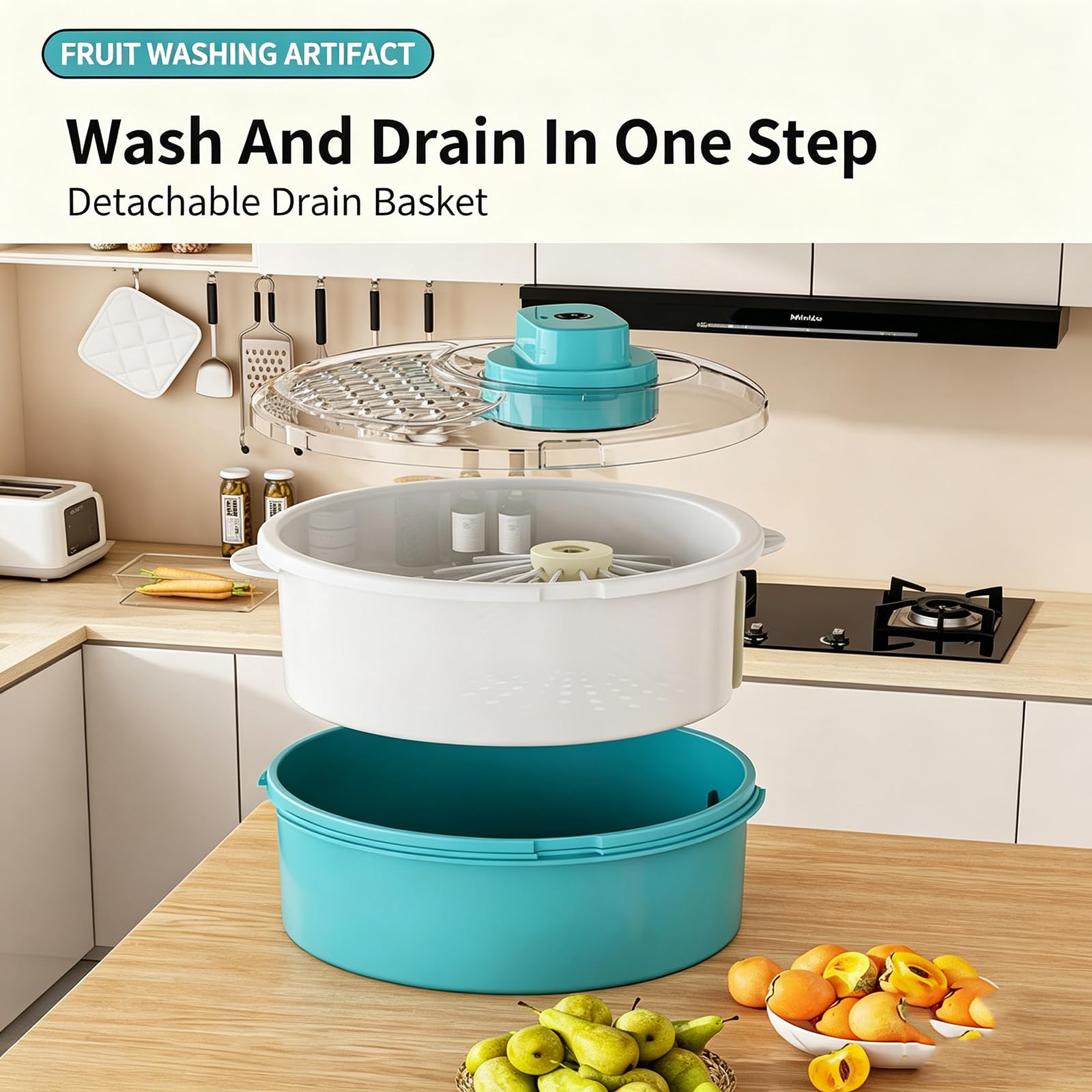 Centrifuga per Insalata E Lavatrice per Frutta E Verdura, Centrifuga Elettrica per Lattuga, Asciuga Verdure con Base Antiscivolo, Pulitore per Frutta E Verdura per La Blue