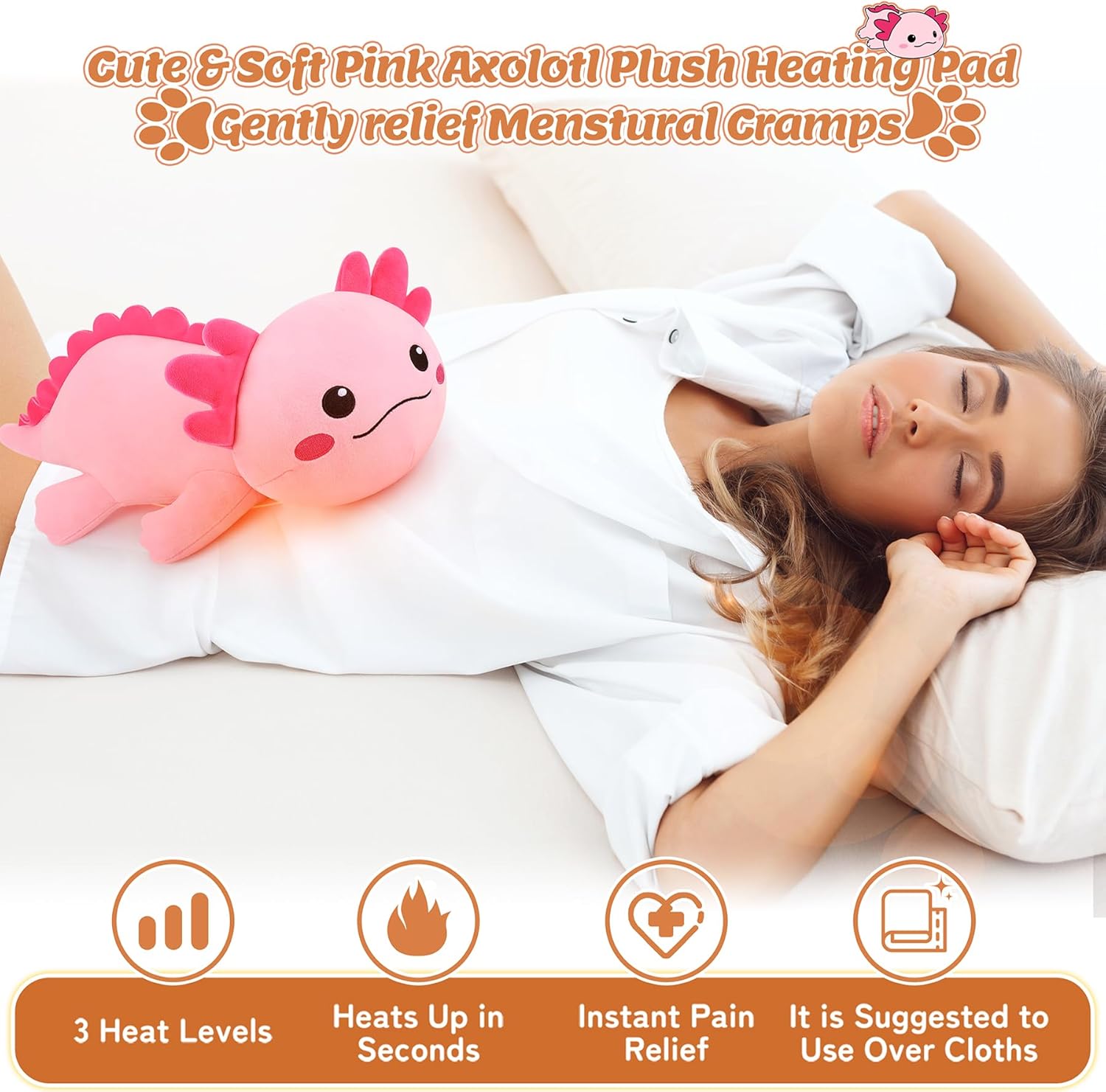 Electric Heating Pad for Period Cramps, 14'' Cuddly Pink Axolotl Plush with a Hot Soft Belly USB Powered, Menstrual Heating Pad Neck Shoulder Pain Relief, Gift for Daughter Wife Period Heating Pad