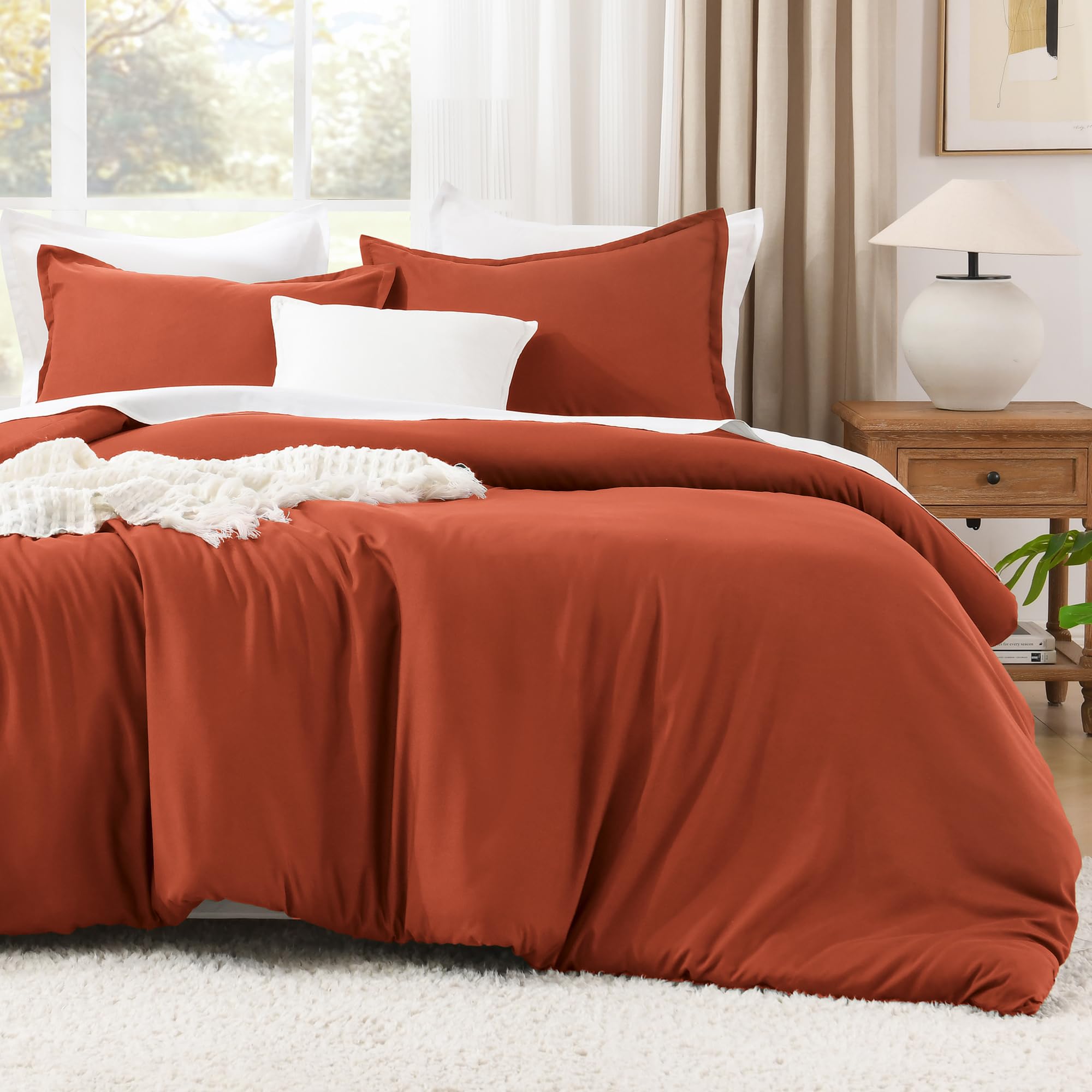 Litanika Burnt Orange Queen Size Bed Comforter Set, 3 Pieces Terracotta Fall Lightweight Solid Bedding Comforter Set, All Season Microfiber Down