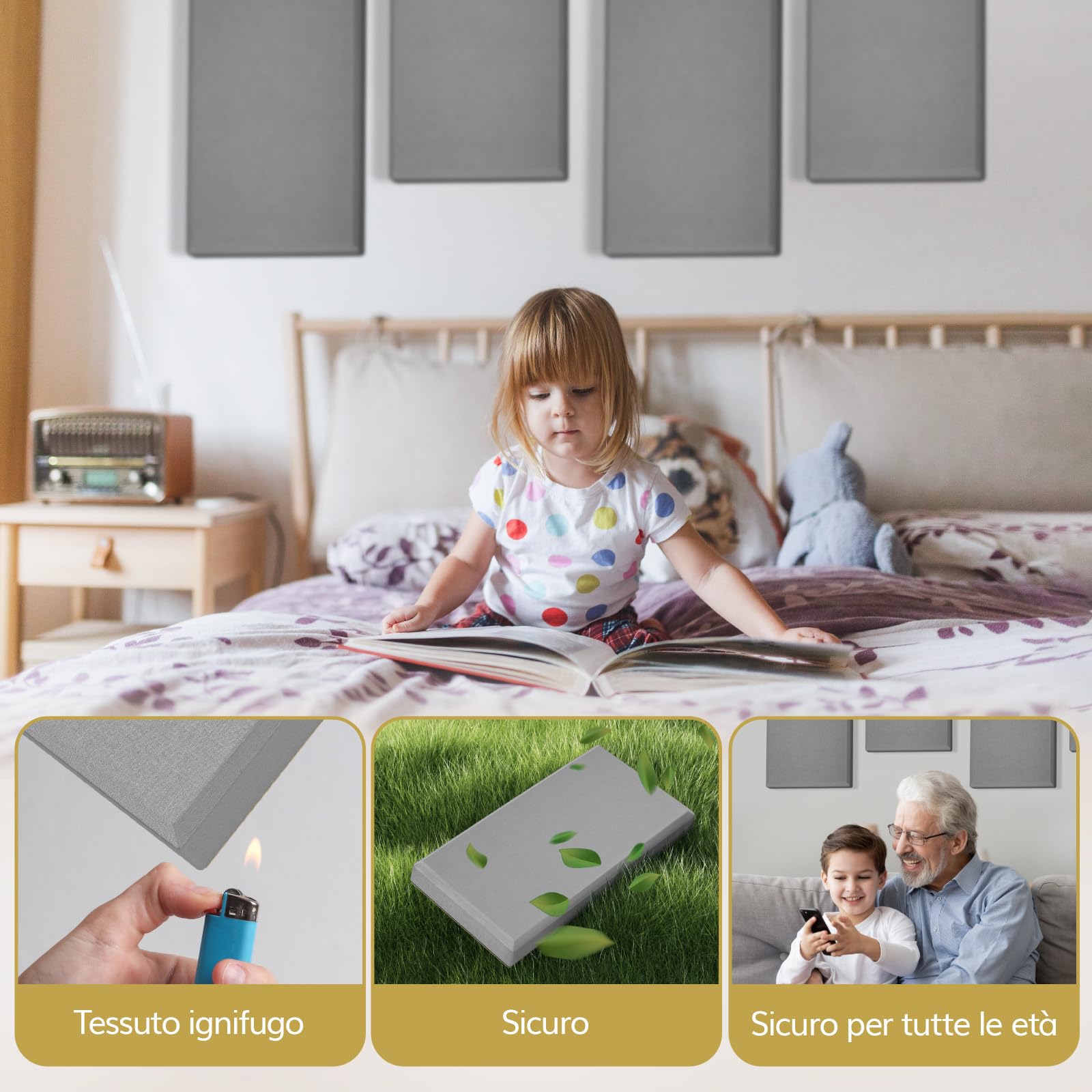 TONOR 4 PCS Grandi Pannelli Fonoassorbenti, 90x30x6 cm Pannello Acustica 3D in Fibra di Vetro con Autoadesivo, Pannello Decorativo per pareti che Assorbe L'eco, per Studio/Soggiorno/Casa, Grigio