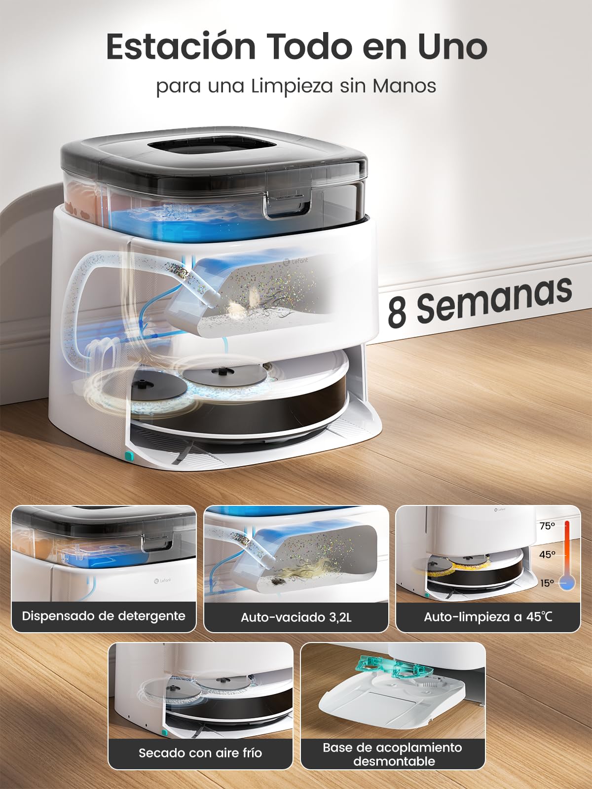 Lefant M3 MAX Robot Aspirador y Fregasuelos, Todo-en-Uno 20000 Pa, 210min, Auto-Lavado/Secado Mopa, Auto-Vaciado 3,2L, dToF Navegación Láser, Evita Obstáculos, Alexa/App/i Watch/2,4G & 5GHz WiFi