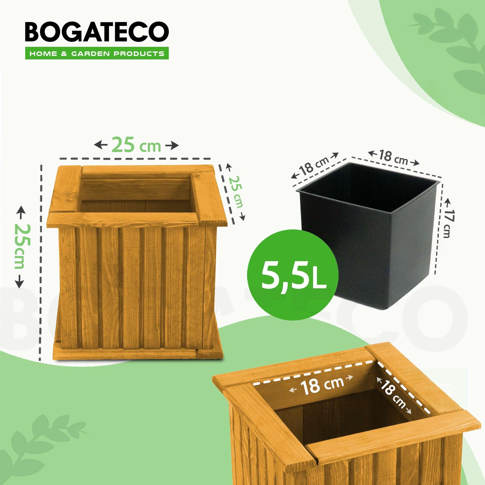 BOGATECO | Jardinière en Bois| Jardinière | 25 x 25 x 25 cm | D'herbes aromatiques, de Fleur pour Jardin, Balcon, terrasse | avec Insert en Plastique | Imprégné | Brun Clair