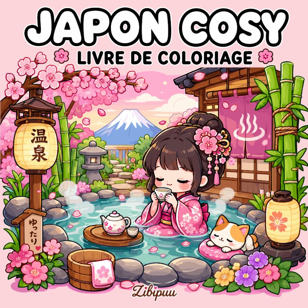 Japon Cosy – Livre de Coloriage: 50 scènes kawaii à colorier inspirées du Japon, des onsen, des temples, des jardins et de la vie quotidienne