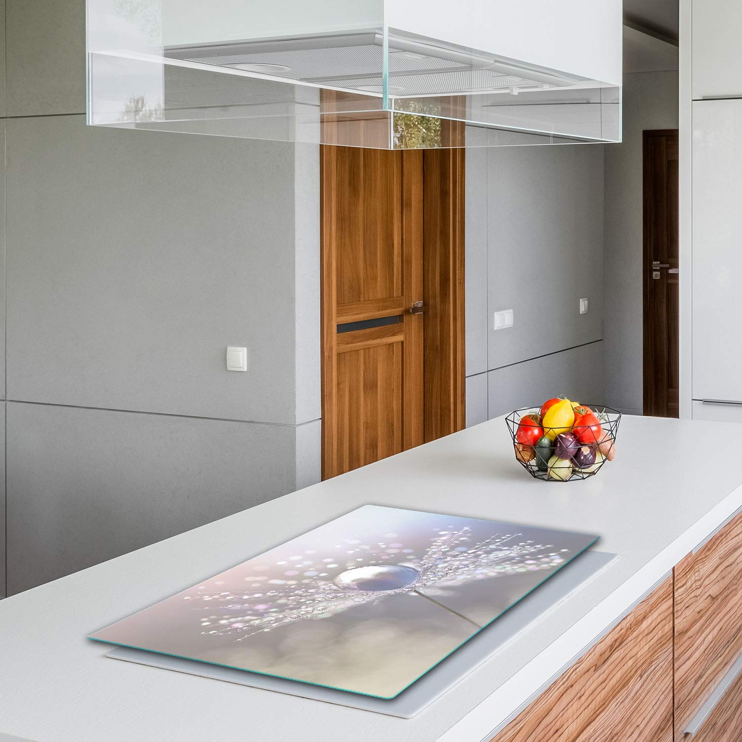 TMK Copripiano Cottura In Vetro Temperato 80x52 Cm, Protezione Antischizzo, Decorazione Bianco Fiore