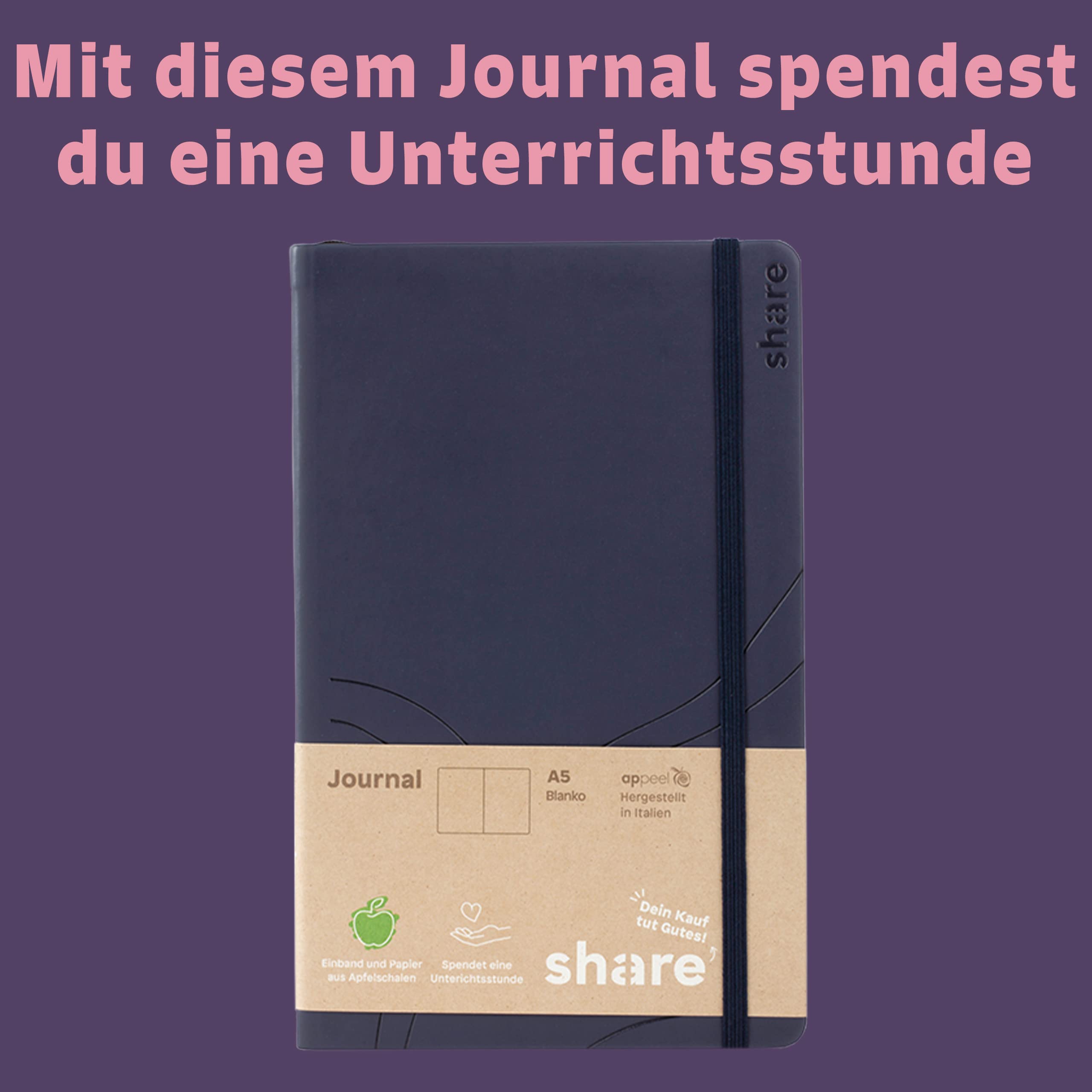 share Journal A5 Blank - Notebook Donates a Lesson for a School Child - Upcycling Apple Shell Notebook - Anthracite/Dark Blue - Image 3