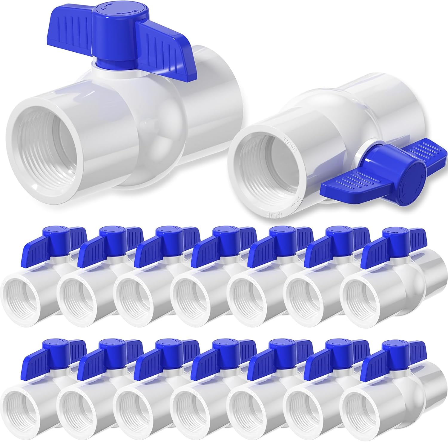 16PCS 3/4" PVC Ball Valve Threaded, Shut Off Valves Socket with Blue T-Handle, SCH40 Slip Water Pipe Valve for Water Project, Swimming Pool, Sewage Pump, Outdoor Plumbing & Irrigation System