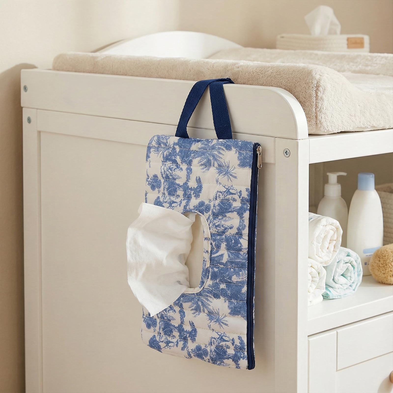 Quilted Baby Wipe Holder, Canvas Floral Quilted Pouch with Hanging Strap, Portable Diaper Wipe Holder for Travel Stroller-Grand Classical Blue - 4