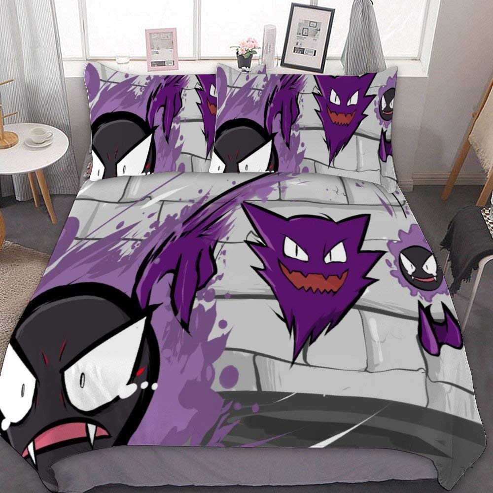 MEW Anime Poke-mon Full/Queen Bedding Duvet Cover Set,Haunter and Gastly,3 Pieces Bedding Set,with Zipper Closure and 2 Pillow Shams,Cute Boys Girls Comforter Sets,Luxury Guestroom Decorations