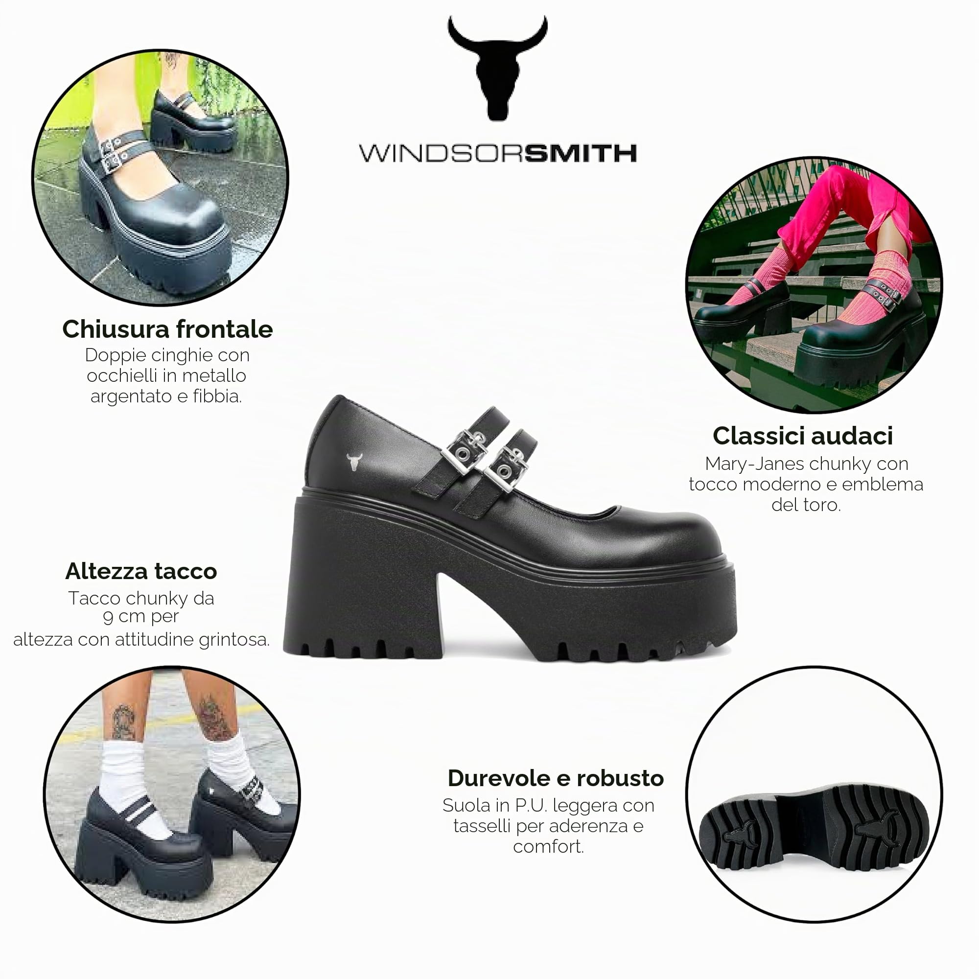 Scarpe Mary Jane con Tacco e Plateau in Pelle Nera Windsorsmith da Donna
