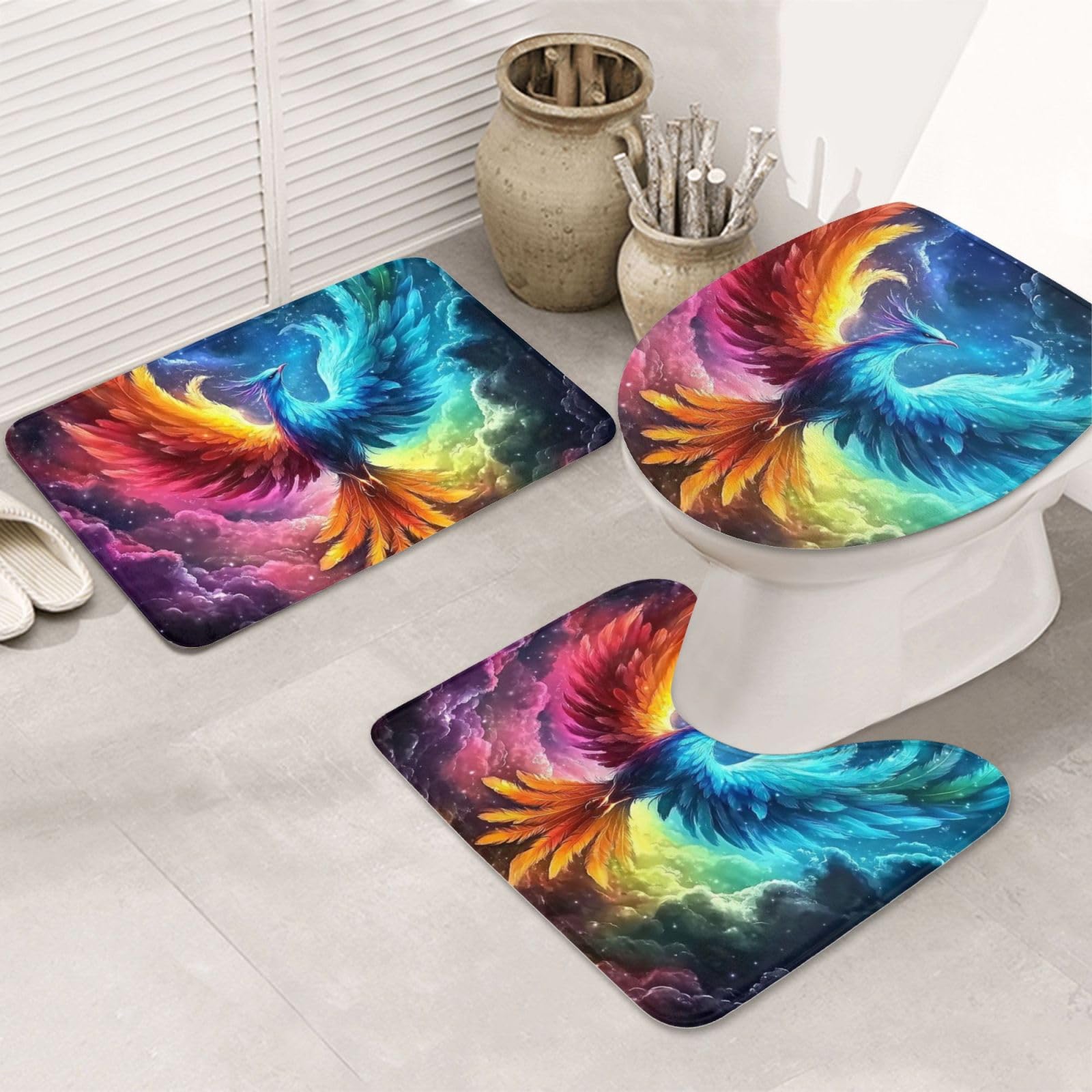 Un set di 3 tappeti da bagno colorati Phoenix, morbidi tappetini da bagno assorbenti in memory foam e tappetino da bagno a forma di U, decorazione per la casa, ad asciugatura rapida