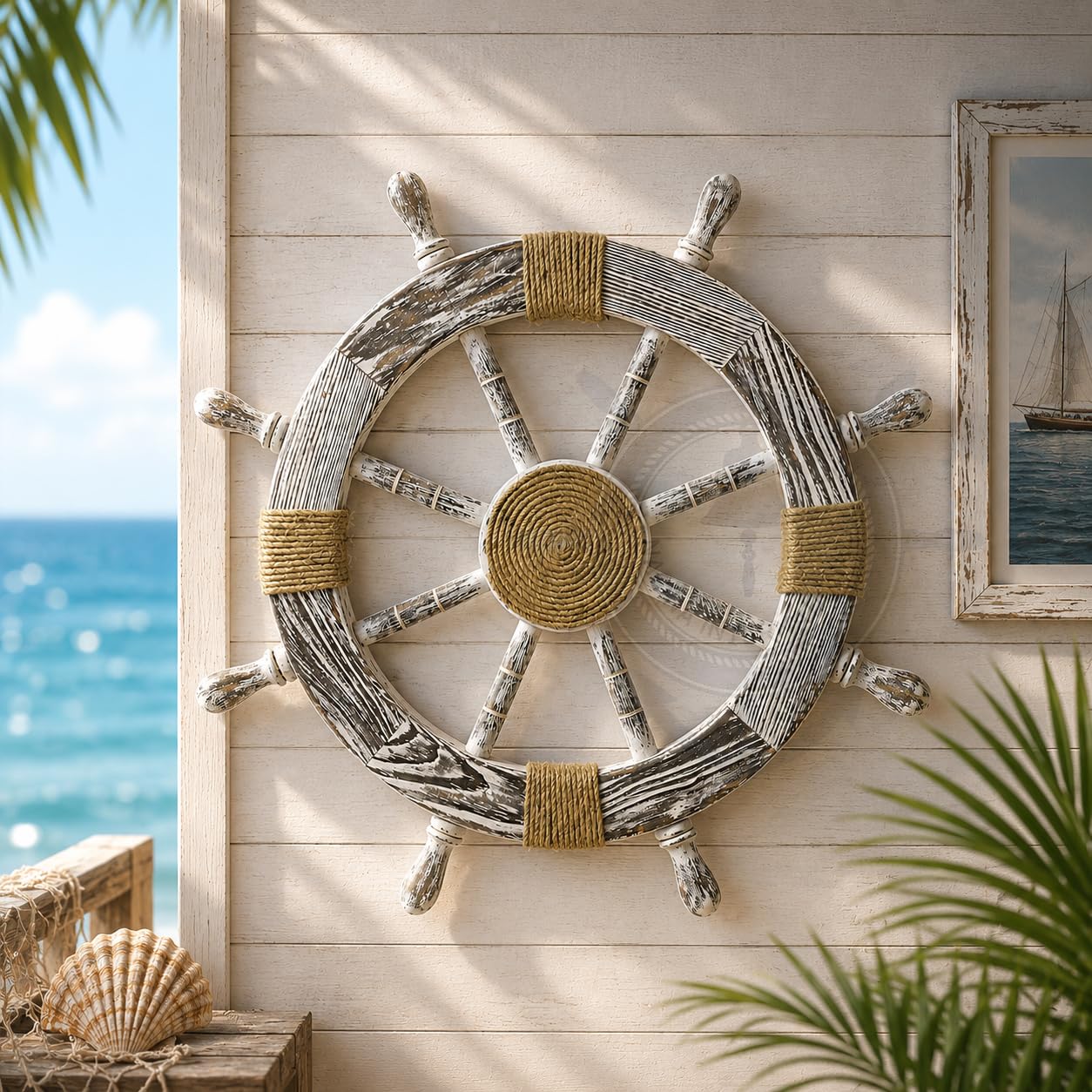 Nagina International 30 "Antique Black Nautical dekorative Premium Kiefernholz Schiff Rad mit Rope Center Motiv - Captain Maritime Beach Home Decor Geschenk