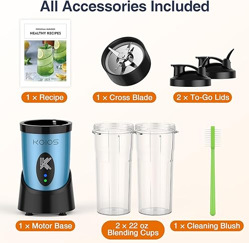 Miniatura 8 de KOIOS Licuadora para batidos, licuadora personal de pico de 900 W para batidos y batidos de cocina, con 2 vasos portátiles de 22 onzas y tapas para