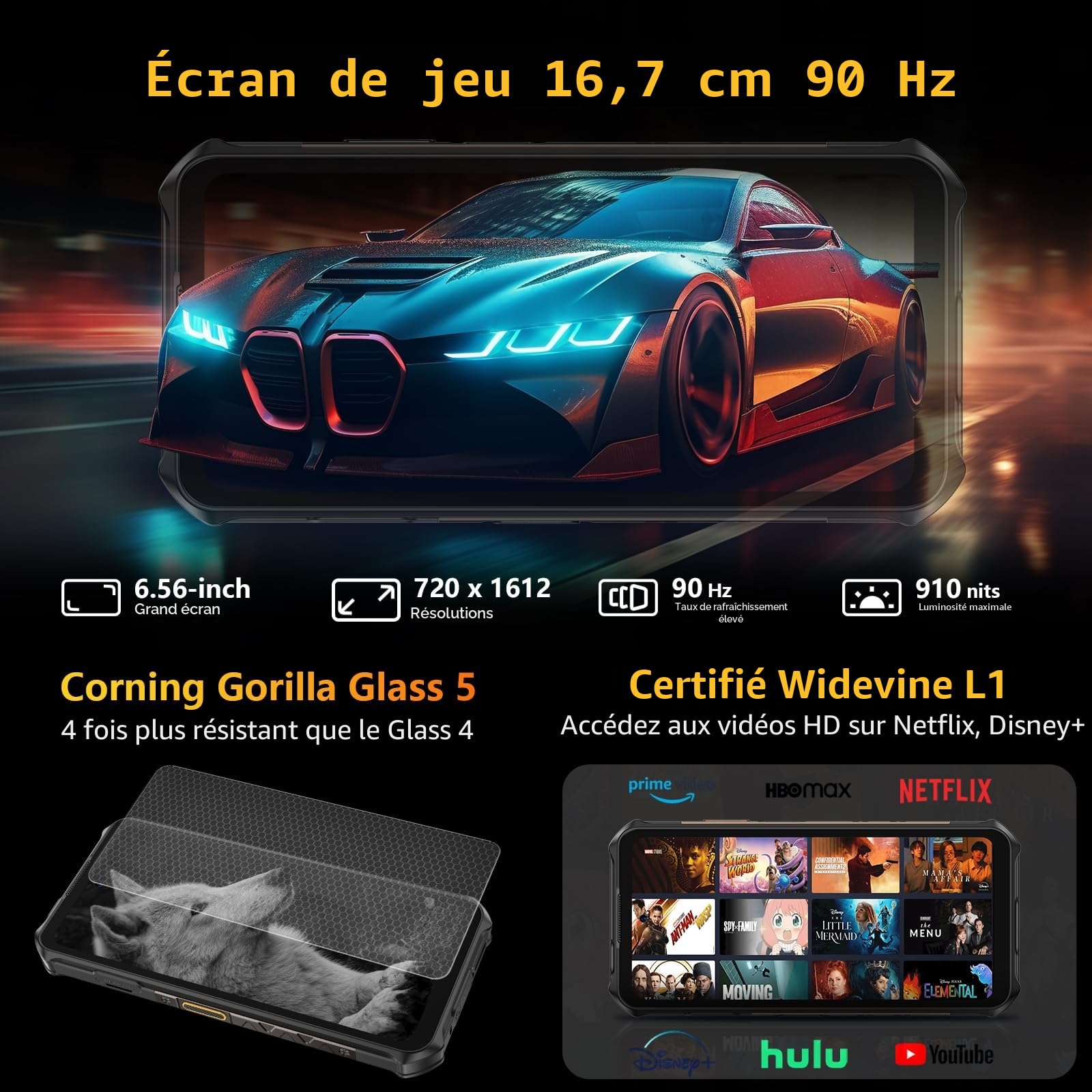 Ulefone Armor X16 Téléphone Portable Incassable Android 15, 12Go+128Go/SD-2TB 10360mAh Smartphone 48MP+16MP+20MP Vision Nocturne, Flashlight/3-Slots/6,56"/Octagon Dome-Inspired/GPS/OTG/NFC Ambre