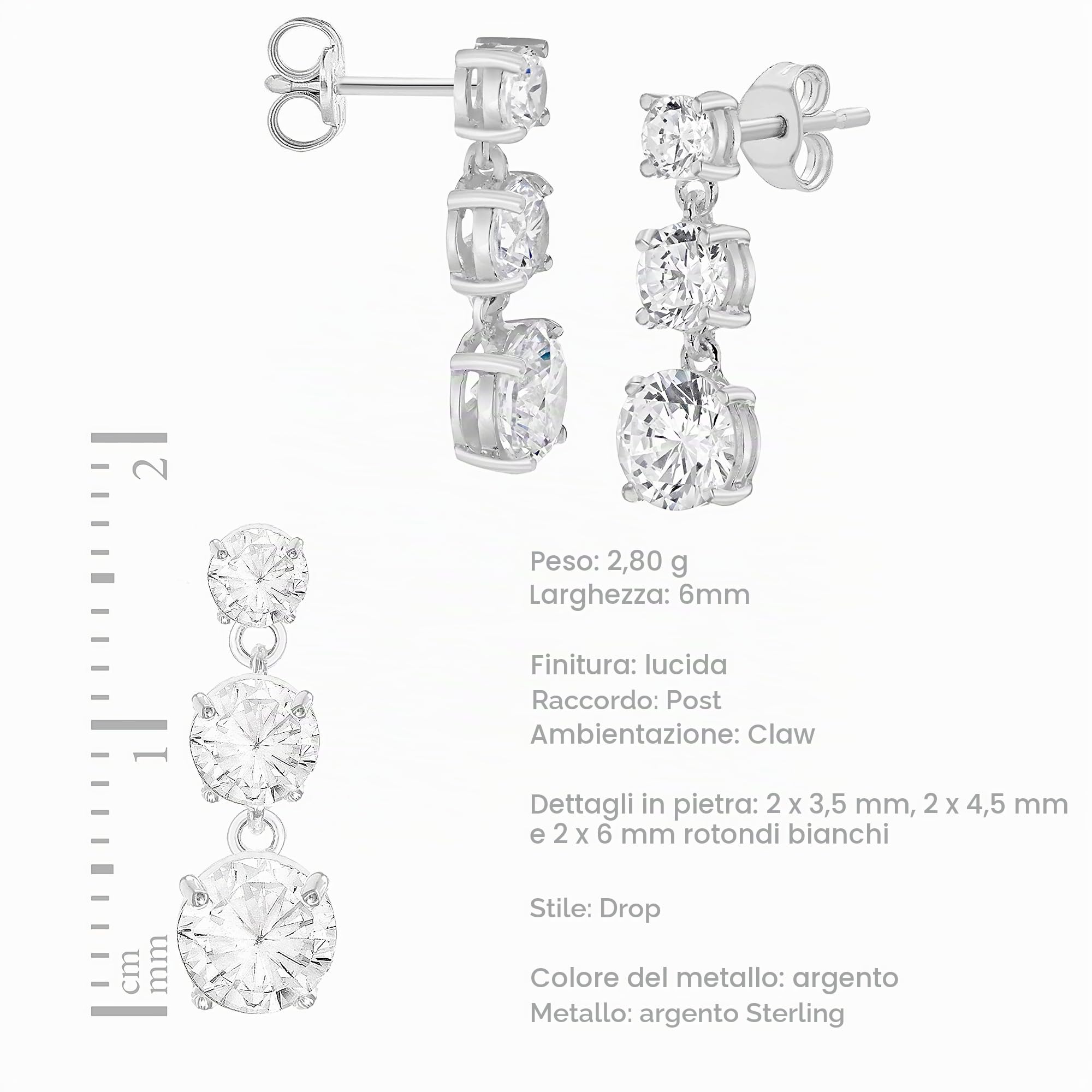 Tuscany Silver Orecchini pendenti tripli con zirconi in argento sterling per donna