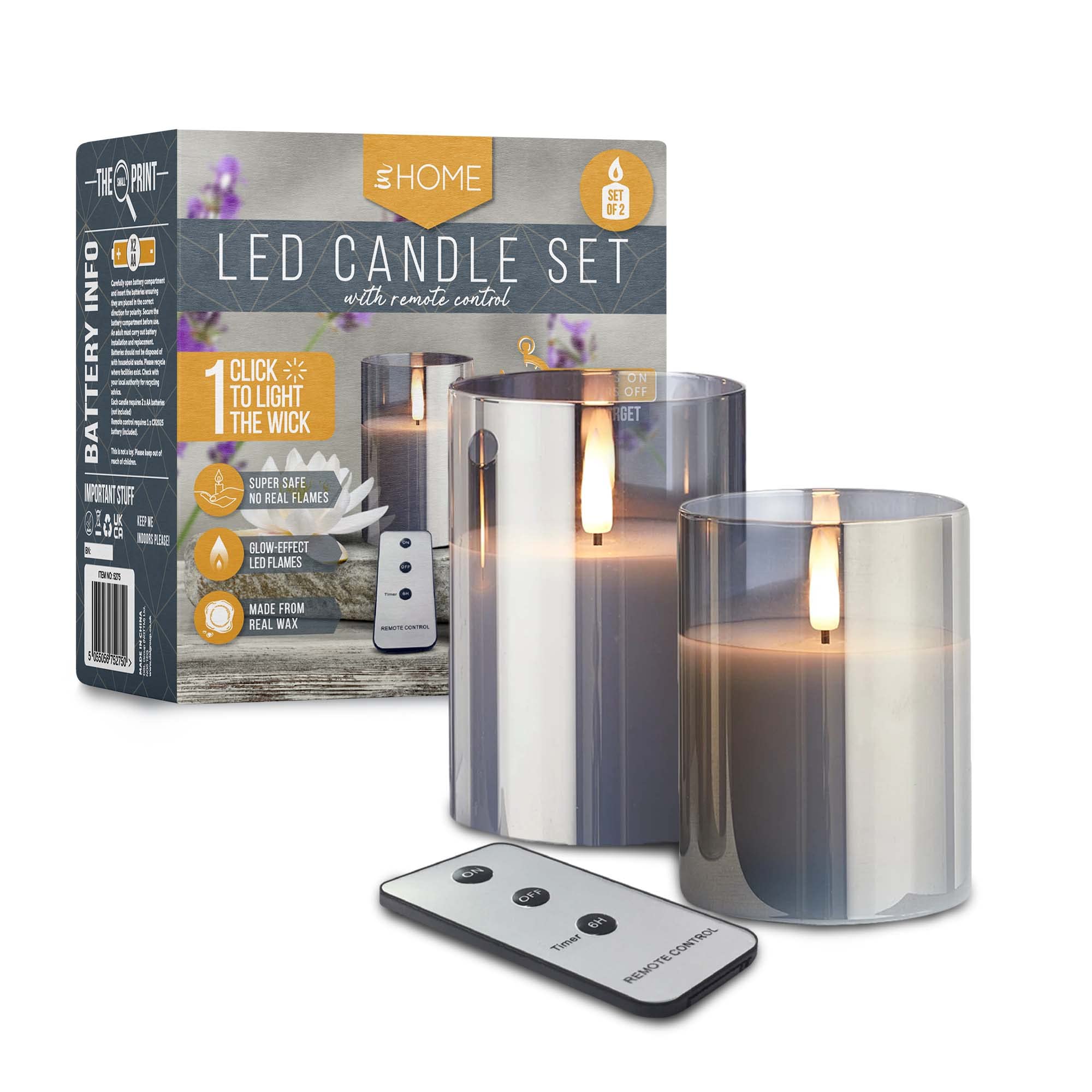 iN LED Candles | LED Candles Flickering | Grey Reflective Glass | Electric Flameless Candle with Remote Control - Battery Operated (Set of 2)