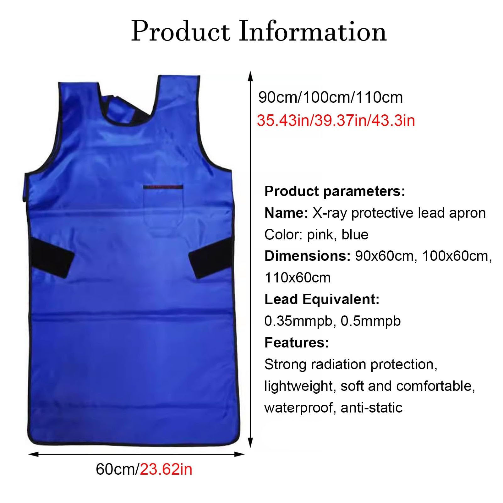 Delantal de Plomo Delantal De Plomo para Protección contra Rayos X, Ropa De Plomo Resistente A La Radiación para Hombres Y Mujeres Adultos, Talla Ajustable(0.35mmpb,90x60cm)