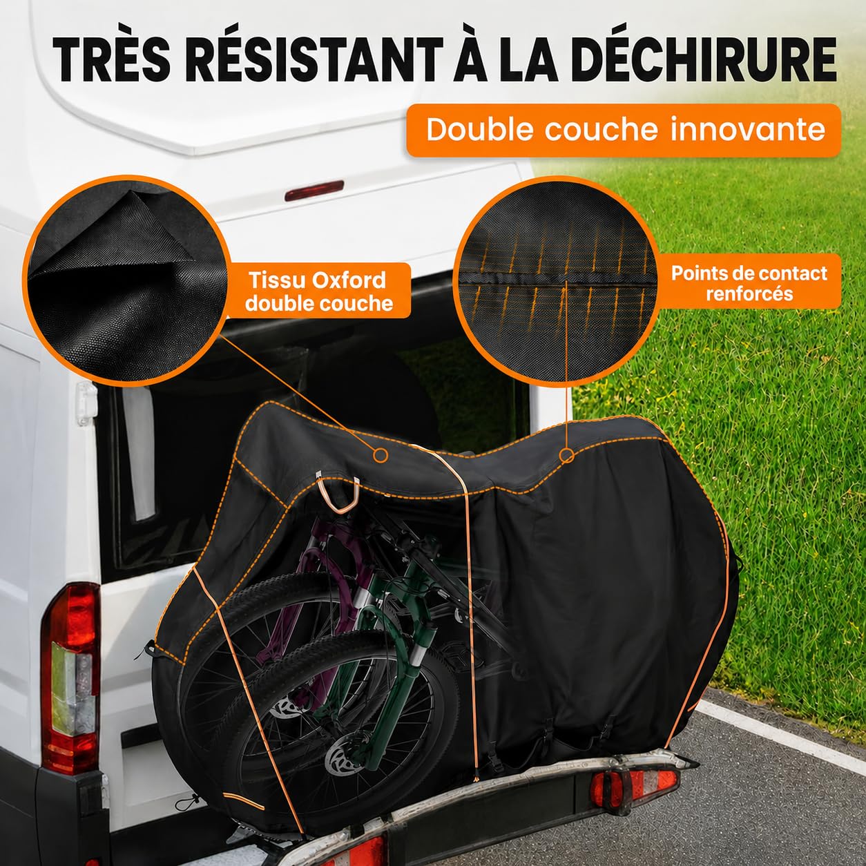NATURIZ® Housse de protection pour porte-vélo arrière étanche et résistante - Housse de vélo avec corde de tension de 6 m - Housse de vélo pour 2 vélos - Ensemble de protection de transport pour