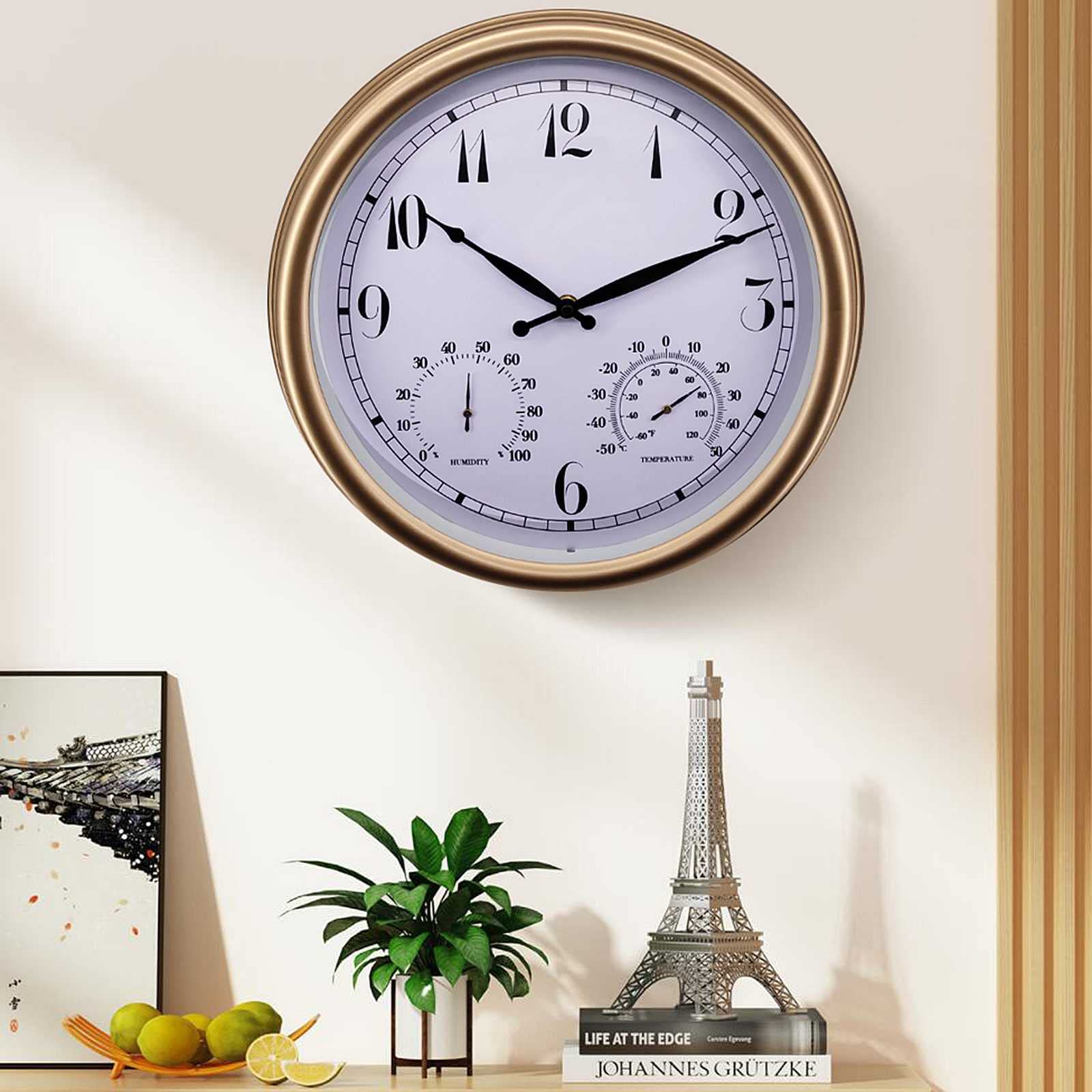 Indoor Outdoor Clock with Thermometer and Hygrometer Garden Wall