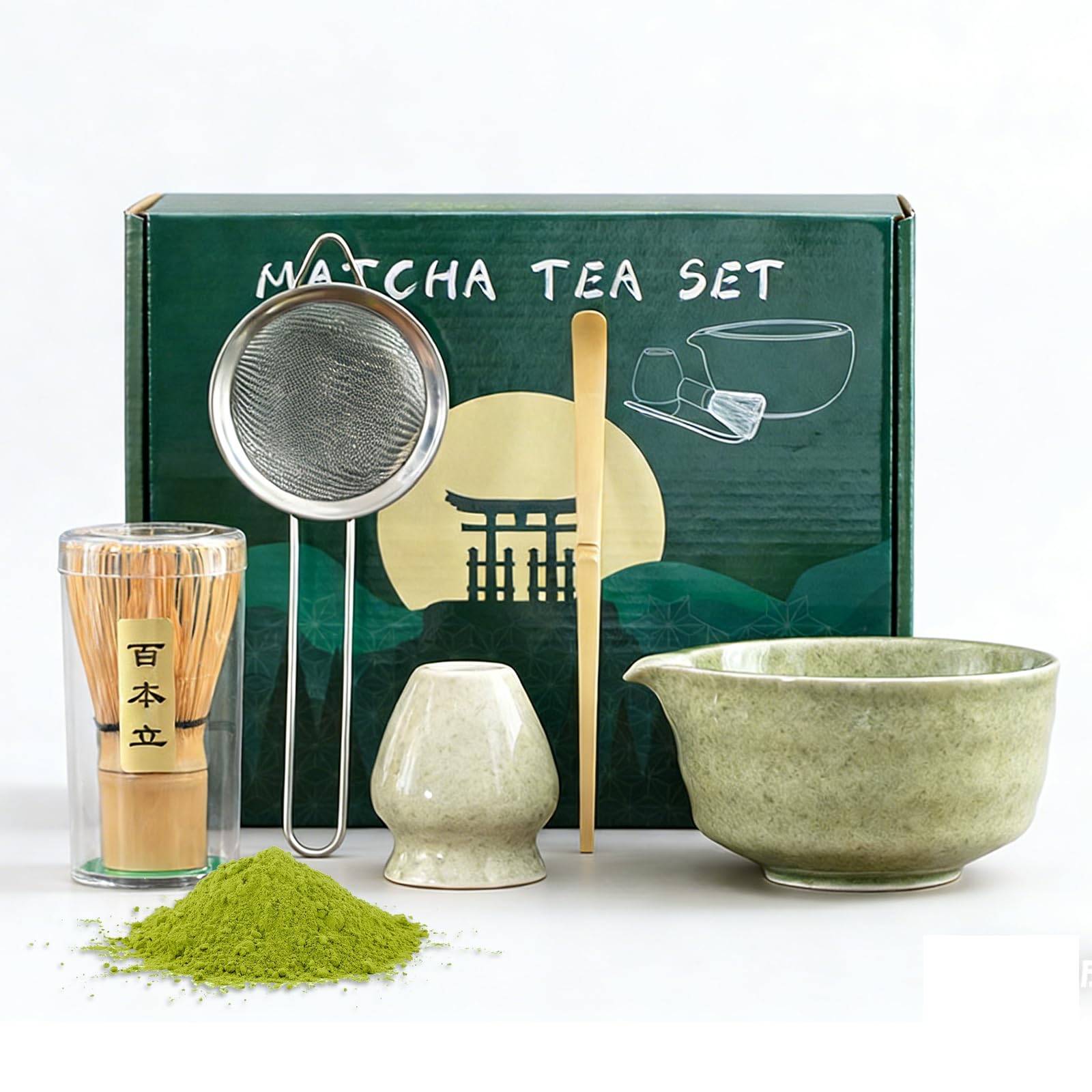Matcha Whisk Set, Ceramic Matcha Set, 5 PCS Matcha Kit, Matcha Bowl and Whisk, Matcha Tea Set, Matcha Making Kit, Matcha Gift Set, Matcha Starter Kit, Gift for Matcha Beginner and Lovers(Green)