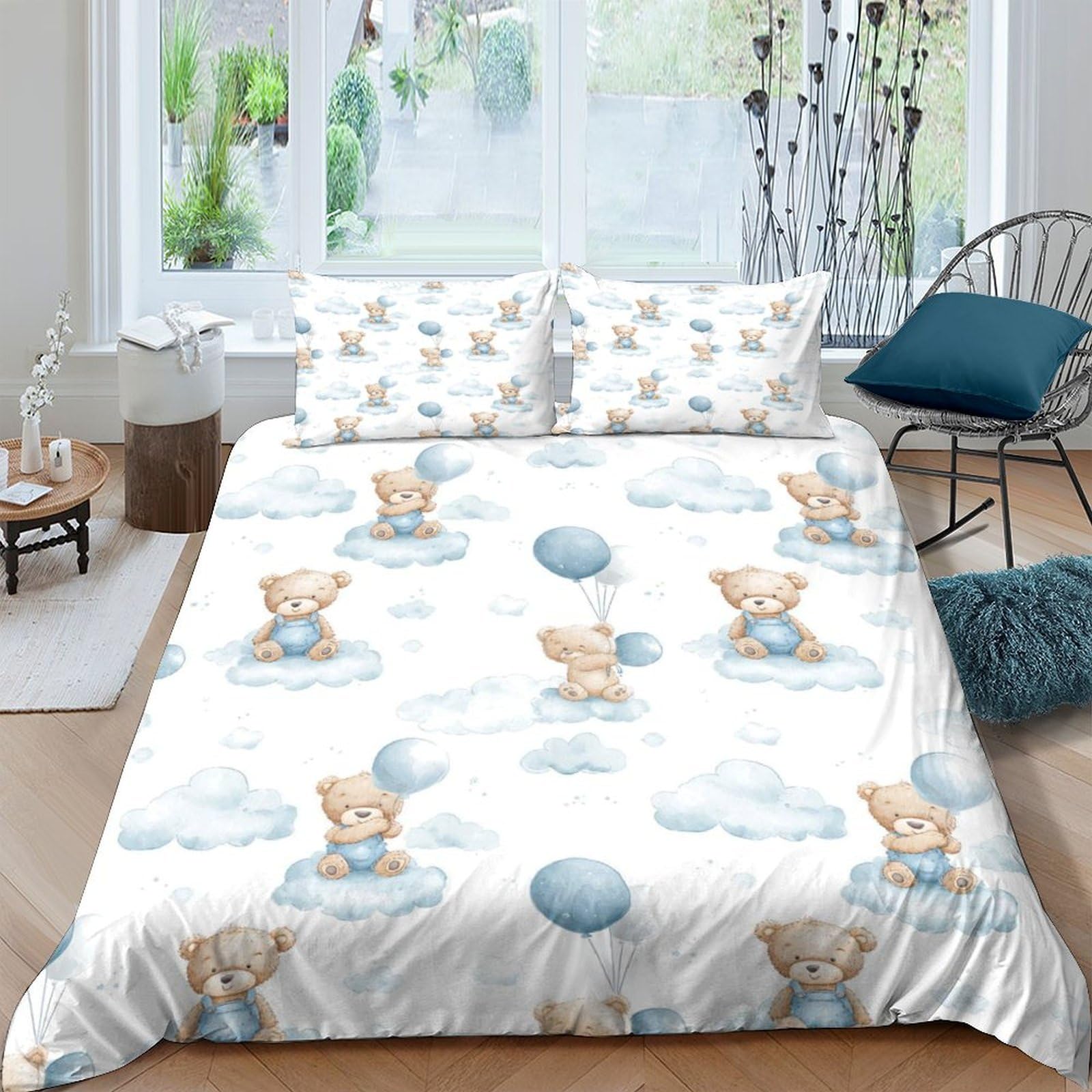 Ctjqhvkz Style-3 3D Printed Cute Bear Balloon Fitted Sheet Microfiber Soft Anti-Slip Bed Sheet Cartoon Clouds Mattress Cover For Bedroom Guest Room Single（135X200cm）