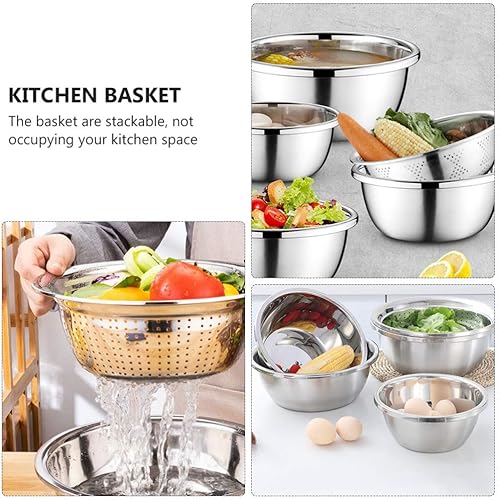 Miniatura 8 de Hemoton Cesta de drenaje de acero inoxidable, 5 uds, cuenca de cocina, cuenco de lavado de metal, colador de cocina de malla, cuenco colador para