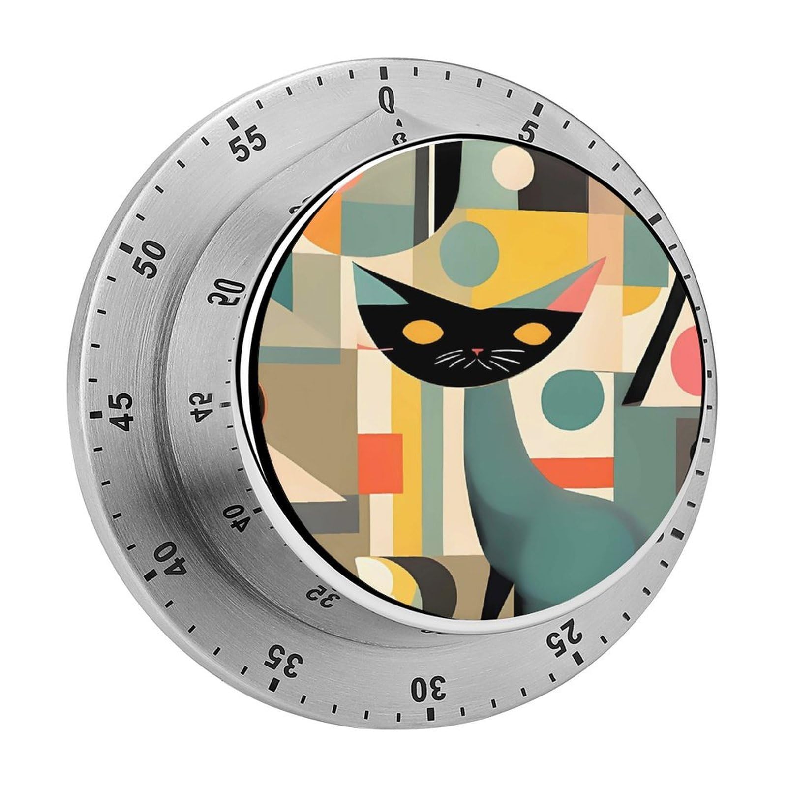 Mid-Century Modern Art Cat Mechanical Kitchen Timer 60 Minute Wind Up Magnetic Timer Heavy Duty Stainless Steel Egg with Loud Alarm Manual Countdown Clock for Cooking, Office, Gym