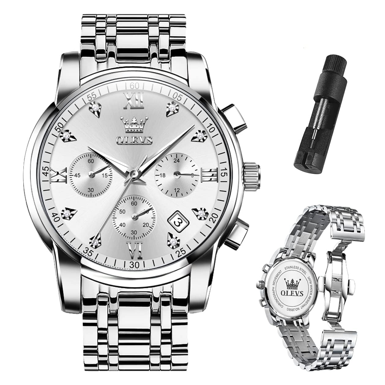 Mens Watches Luxury Waterproof Luminous Easy Read Chronograph Watches Full Gold/White Dail/Black Face with Calendar Wrist Watches