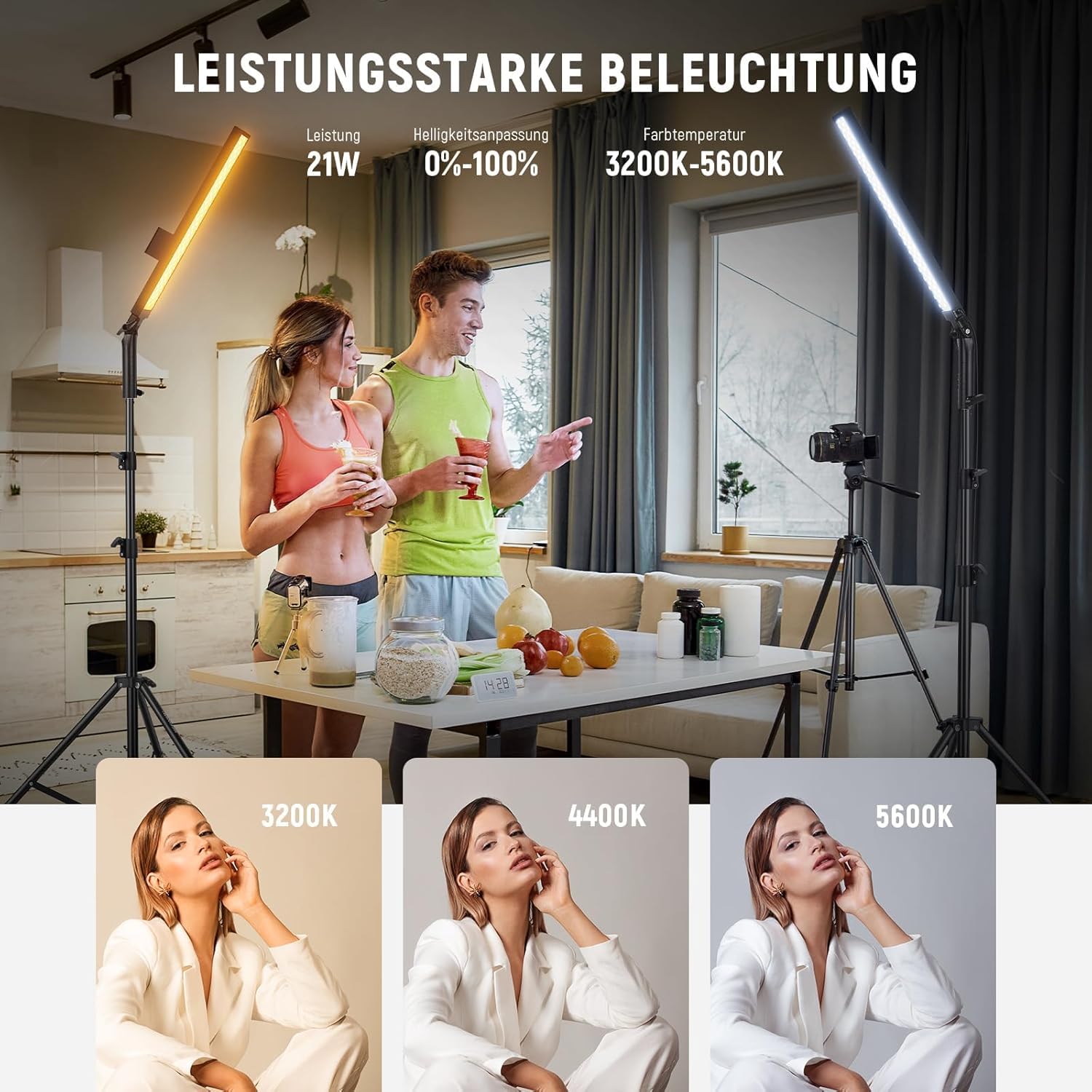 NEEWER Verbesserter LED Video Lichtstab, 2,4G Fernbedienungsset 2er Pack handgeführte dimmbare 3200K~5600K CRI97+ Leuchtstab mit Ständern/Filtern/Tasche für YouTube Video Foto Gaming, BH20B Schwarz