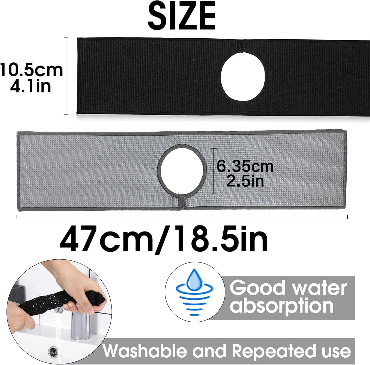 Bimkole 2 PCS Faucet Absorbent Mat, Kitchen Faucet Sink Splash Guard Wraparound Cloth Pads Sink Splash Absorbent Pad for Kitchen Bathroom Faucet Counter Sink, Black Grey, 18.5 x 4 Inches