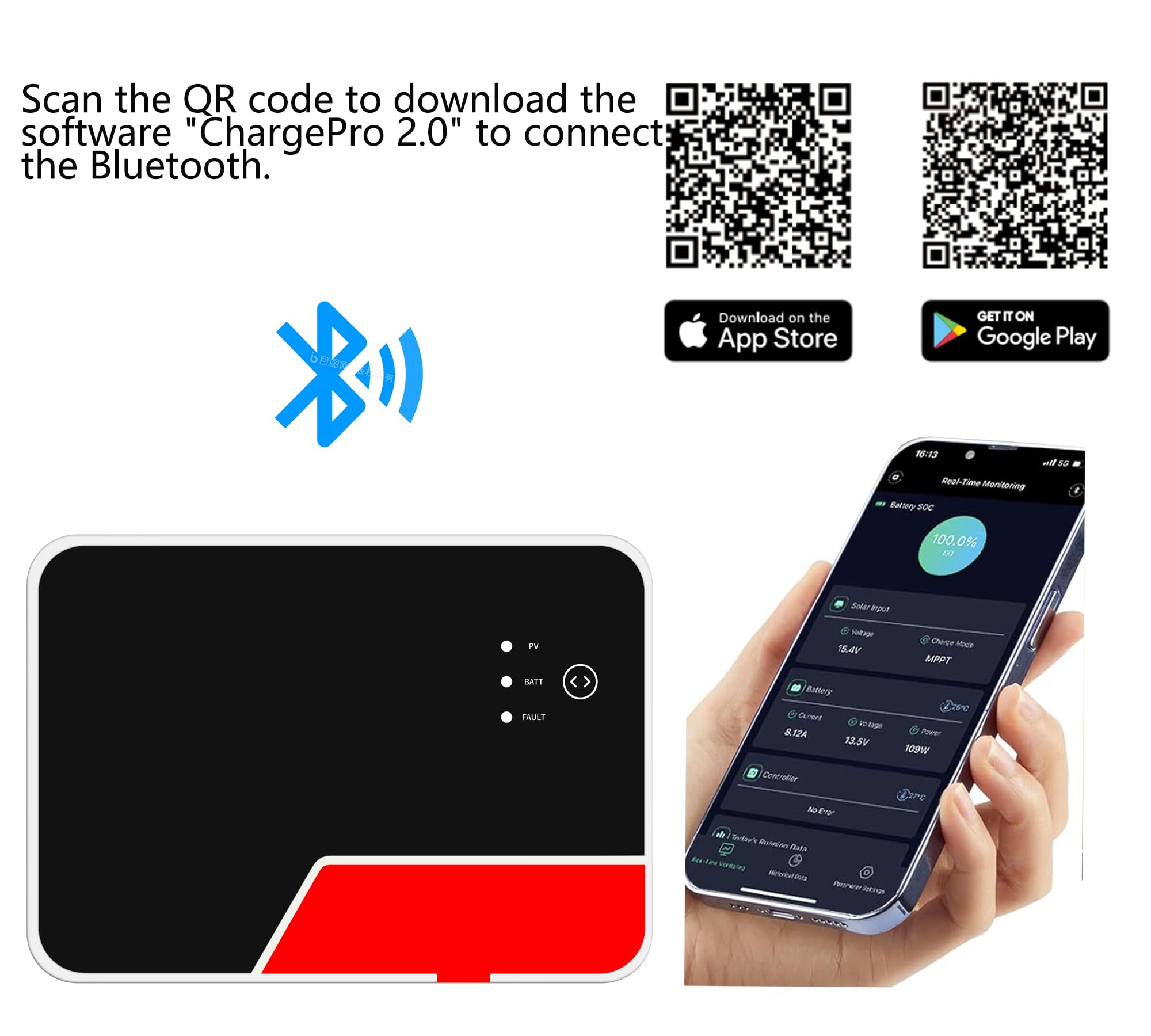 MPPT Solarladeregler, 20 A, 12 V/24 V Gleichstrom, 100 VC, mit LCD-Display und integriertem Bluetooth, Steuerung über Handy-App-App, passend für versiegelte Gel- und Lithium-Batterien