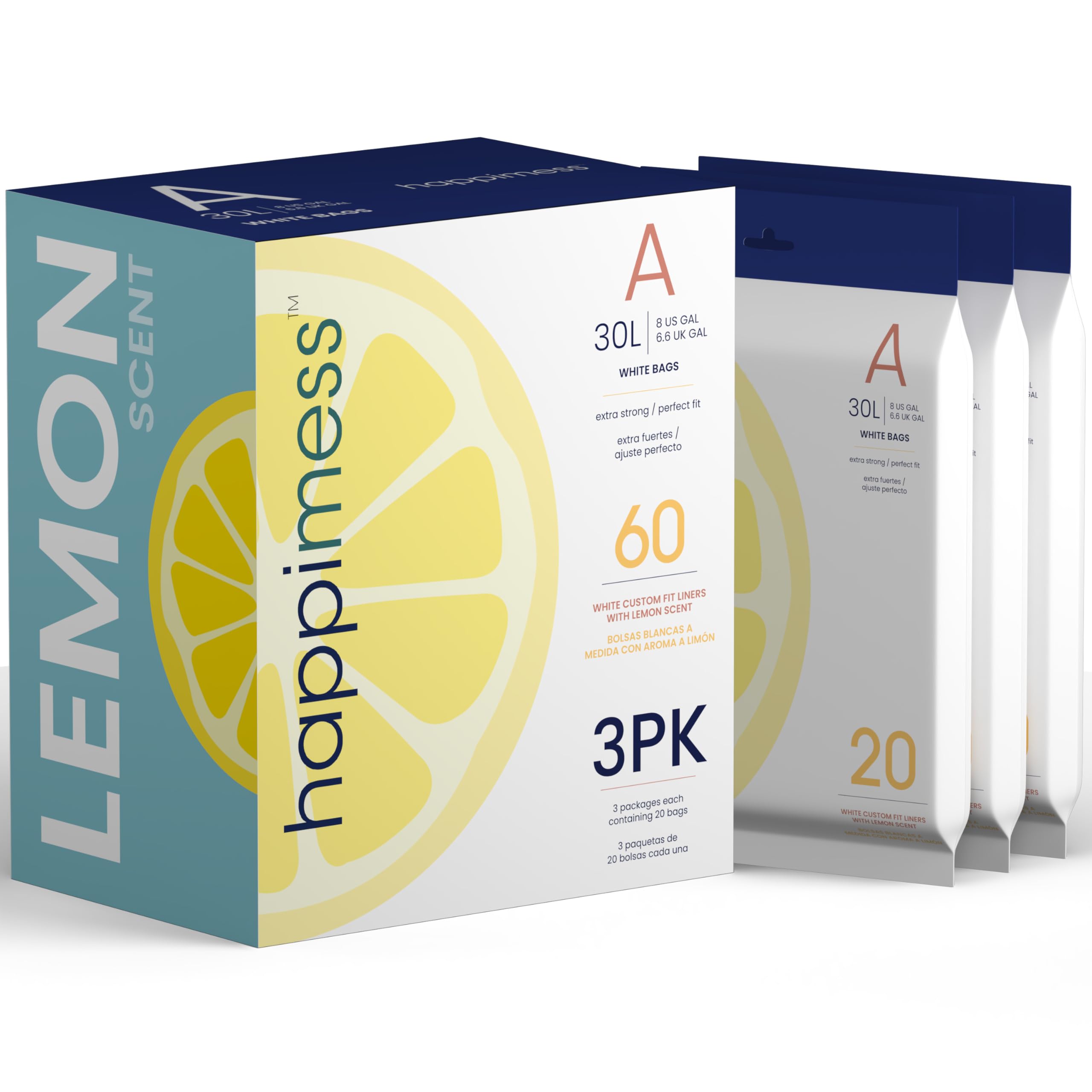 happimess White (Lemon Scented) / 60 Count (Pack of 1) / 8 Gallon Trash Bags