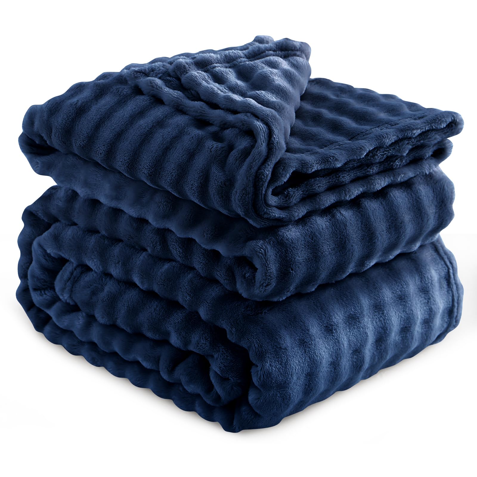 RUIKASI Fleece Throw Blanket for Bed - Navy Blue Fluffy Bubble Throws King Size Cozy Blanket with Reversible Design, 200x240 cm