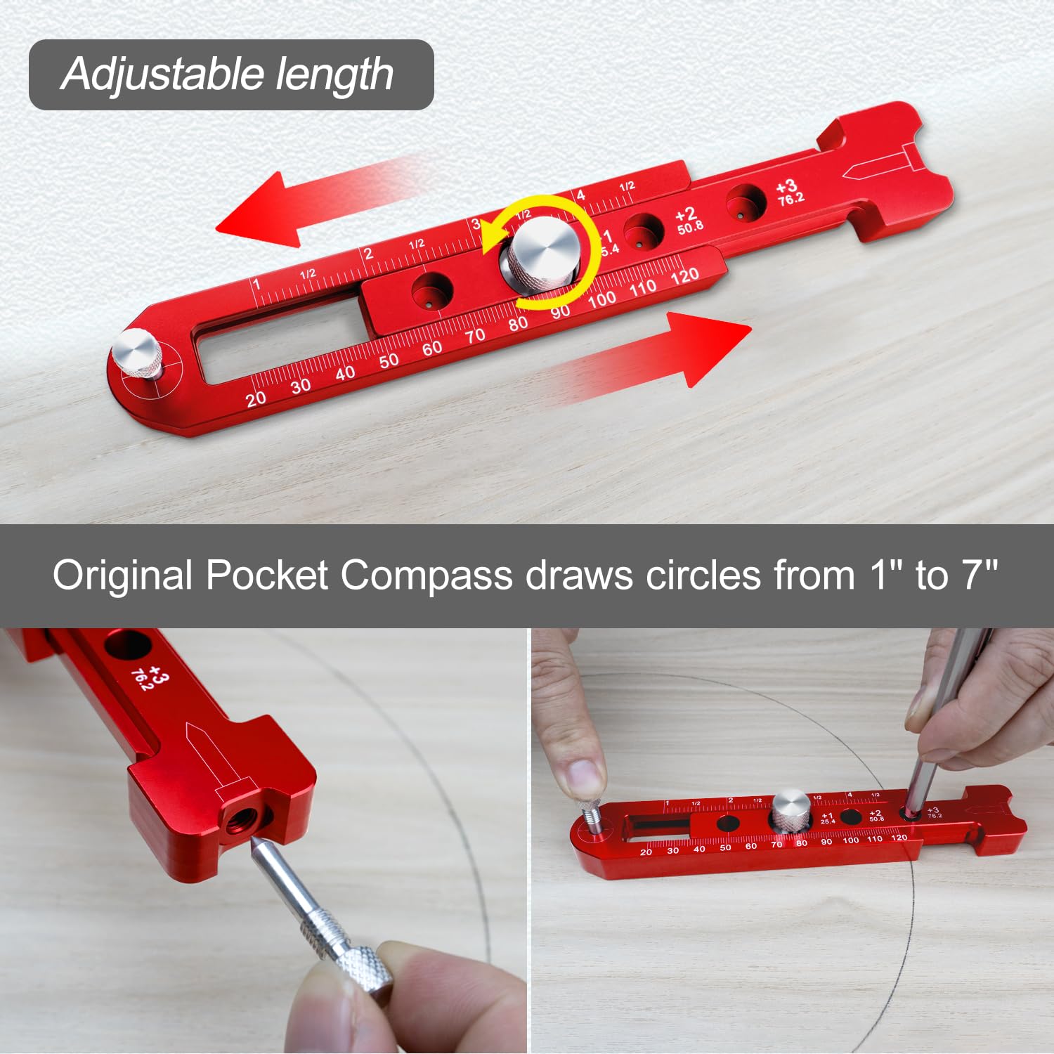 Brújula para carpintería, herramienta portátil de aleación de aluminio para carpintería, regla de dibujo de arco métrico ajustable/pulgada, regla de dibujo circular, medidor de marcado, herramienta de
