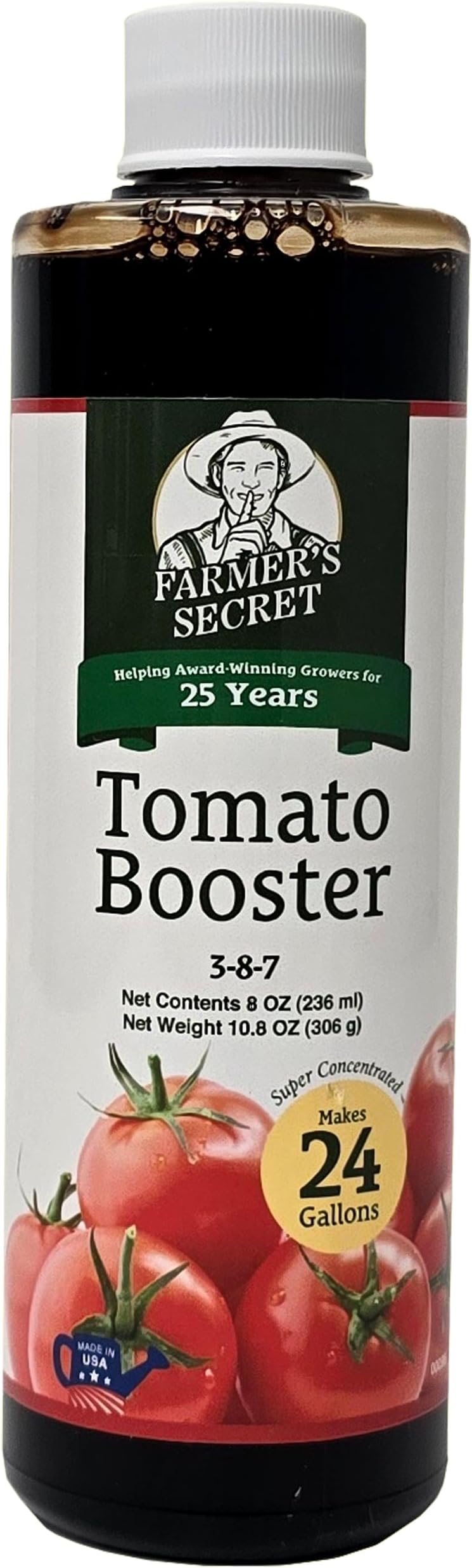 Farmer's Secret Tomato Booster Fertilizer (8oz) - Super Concentrated - 3:8:7 Ratio Fortified with Humic Acid, Iron and Calcium - Grow More Tomatoes