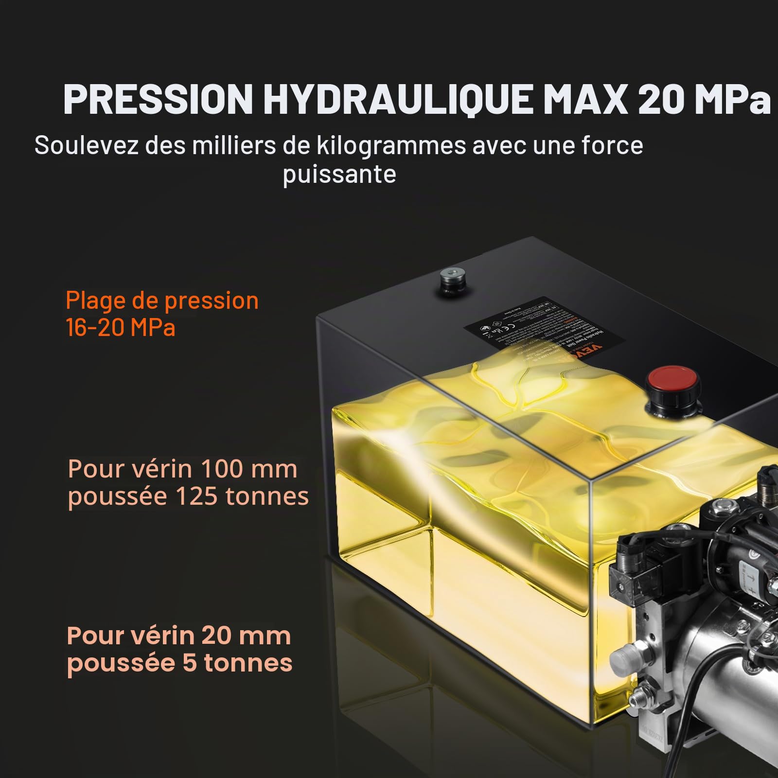 VEVOR Pompe Hydraulique DC 12 V 14 L Groupe Hydraulique Double Effet Débit d'Huile 3,44 L/min Max. Pression de Décharge 22 MPa pour Camion à Benne Basculante Nacelle Élévatrice Remorque Levage Bennage
