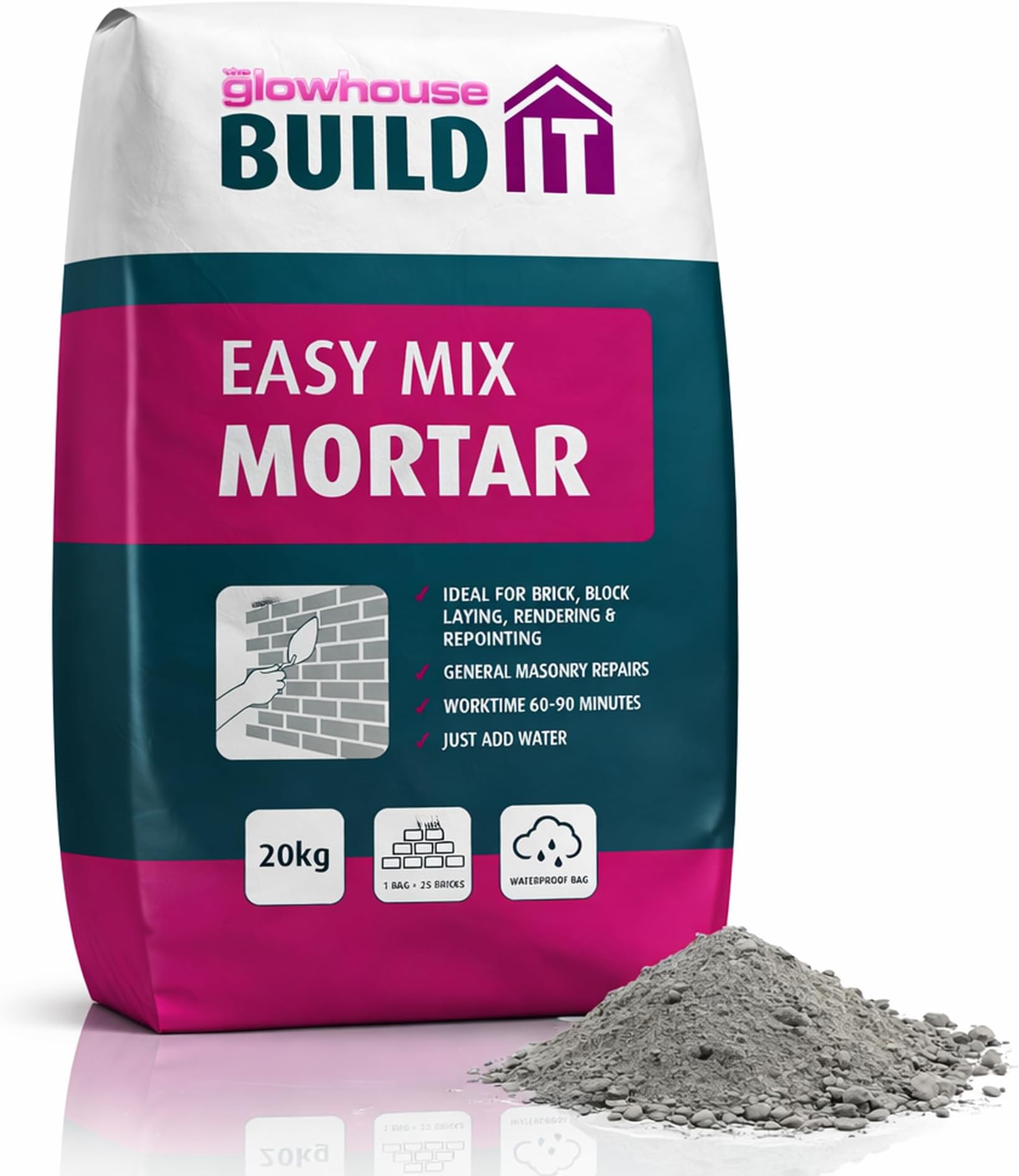 The Glowhouse Easy Mix Mortar Just Add Water Ready Mixed For Brick, Block, Rendering & Repointing Masonary Repairs Waterproof Bag 20kg