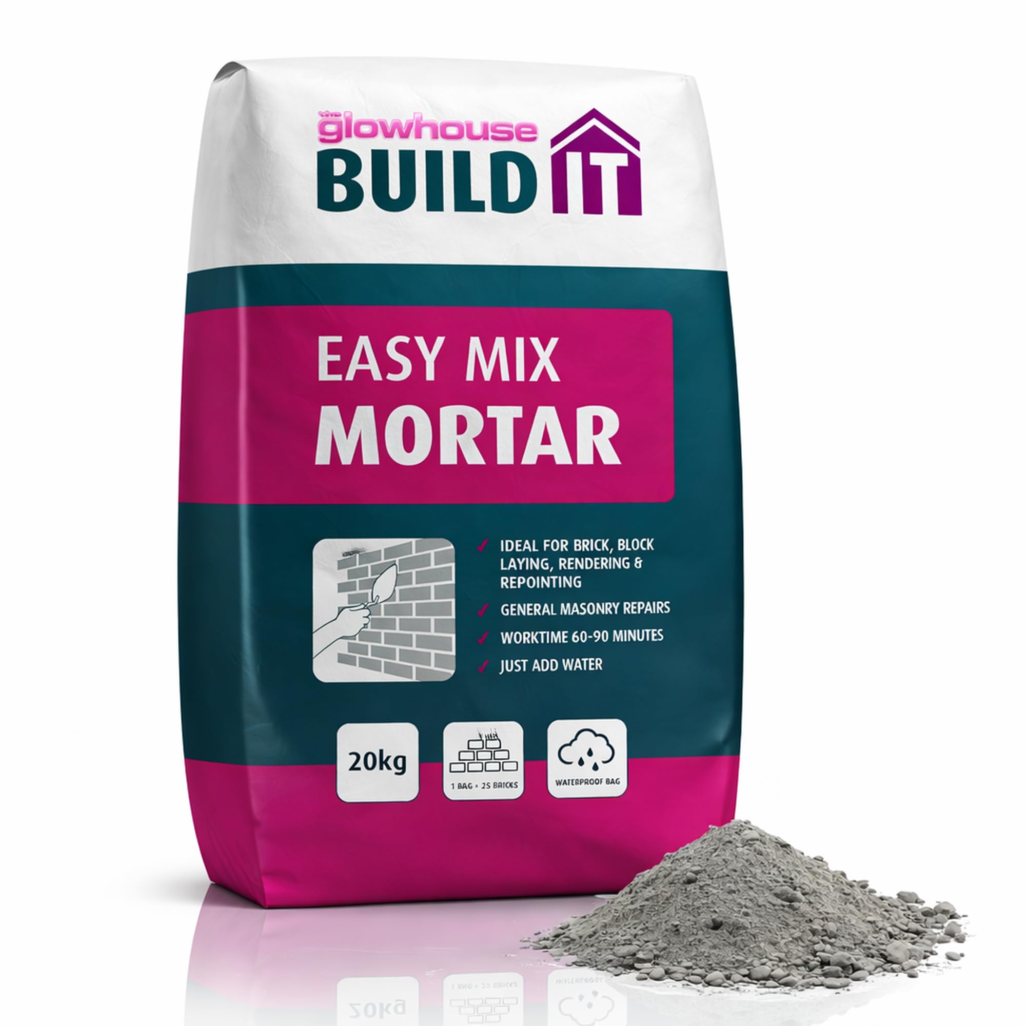 The Glowhouse Easy Mix Mortar Just Add Water Ready Mixed For Brick, Block, Rendering & Repointing Masonary Repairs Waterproof Bag 20kg