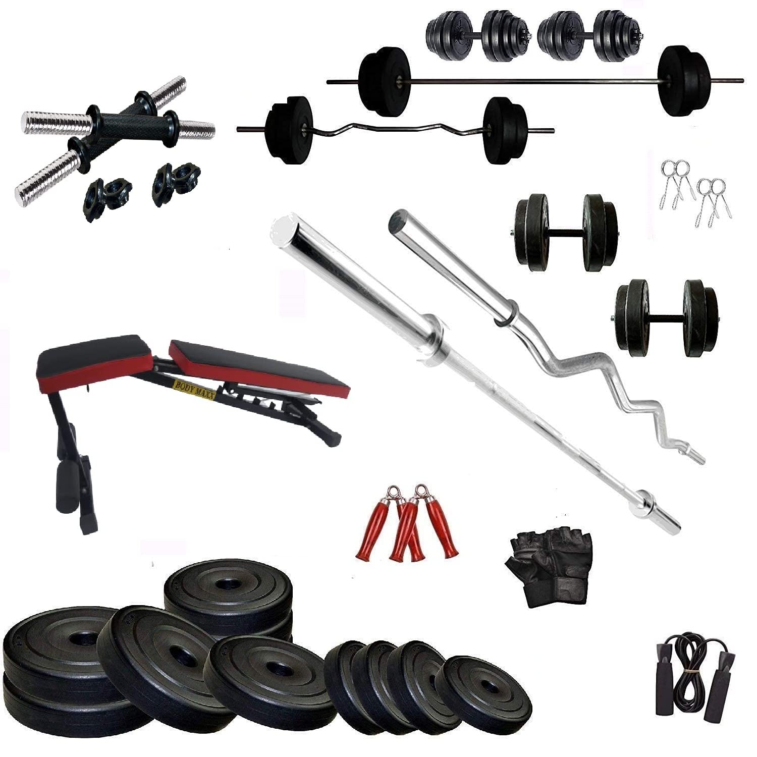 Body Maxx 30Kg Home Gym Equipment Combo with 3 ft Curl +5 ft Plain Rod and 1 Pair Dumbbell Rods, Adjustable Gym Bench, Fitness Bench, Home Gym Equipments Gym Accessories Combo Set-image-16