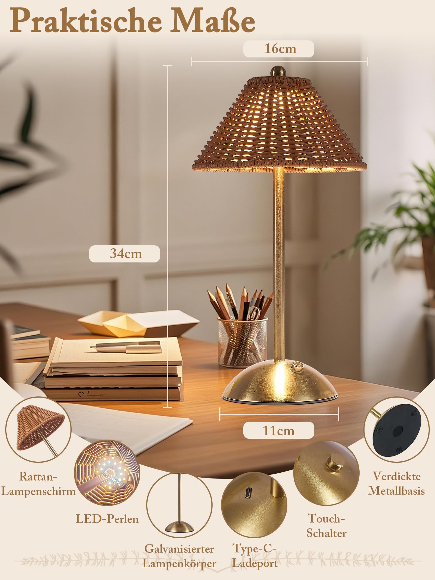 Lot de 2 lampes de table LED sans fil en rotin - Intensité variable