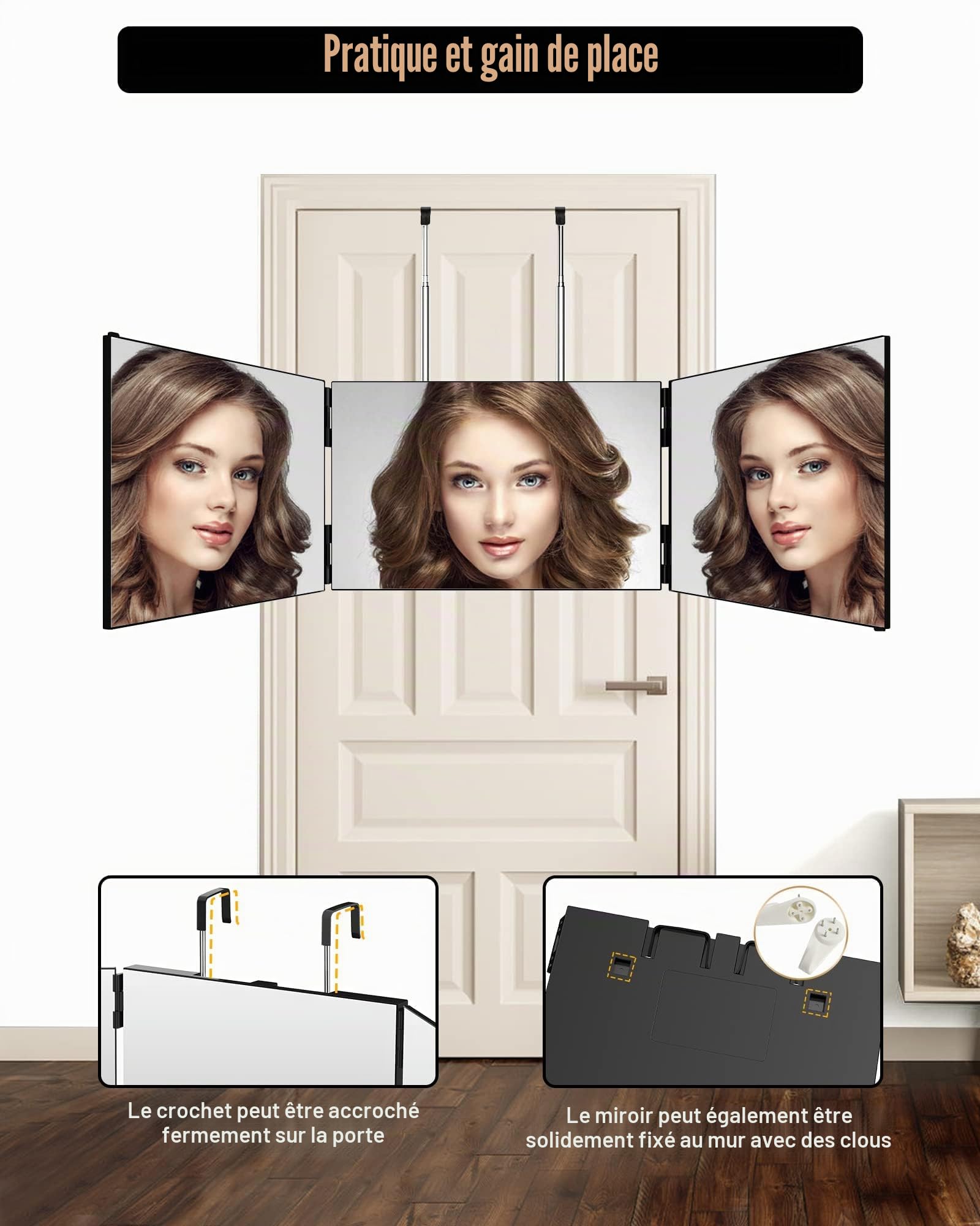 JUSRON Miroir à Suspendre à 360 ° - Cosmétique Miroir Pliable en 3 Parties - Réglable en Hauteur - pour Le Maquillage, Le Rasage, la Coiffure - sans LED
