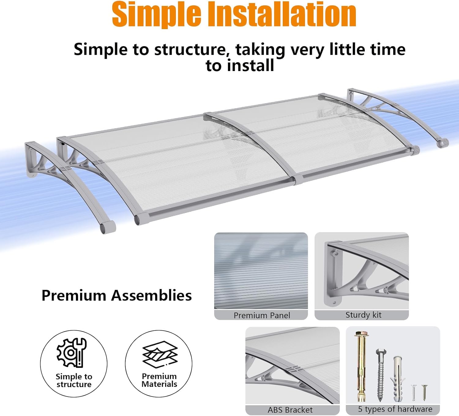 Window Awning Door Canopy 40"x48", Awnings for Doors Polycarbonate Cover Patio Door Awning UV Rain Snow Sunlight Protection Hollow Sheet with Separate Drainage Sink, Gray Bracket & Transparent Board